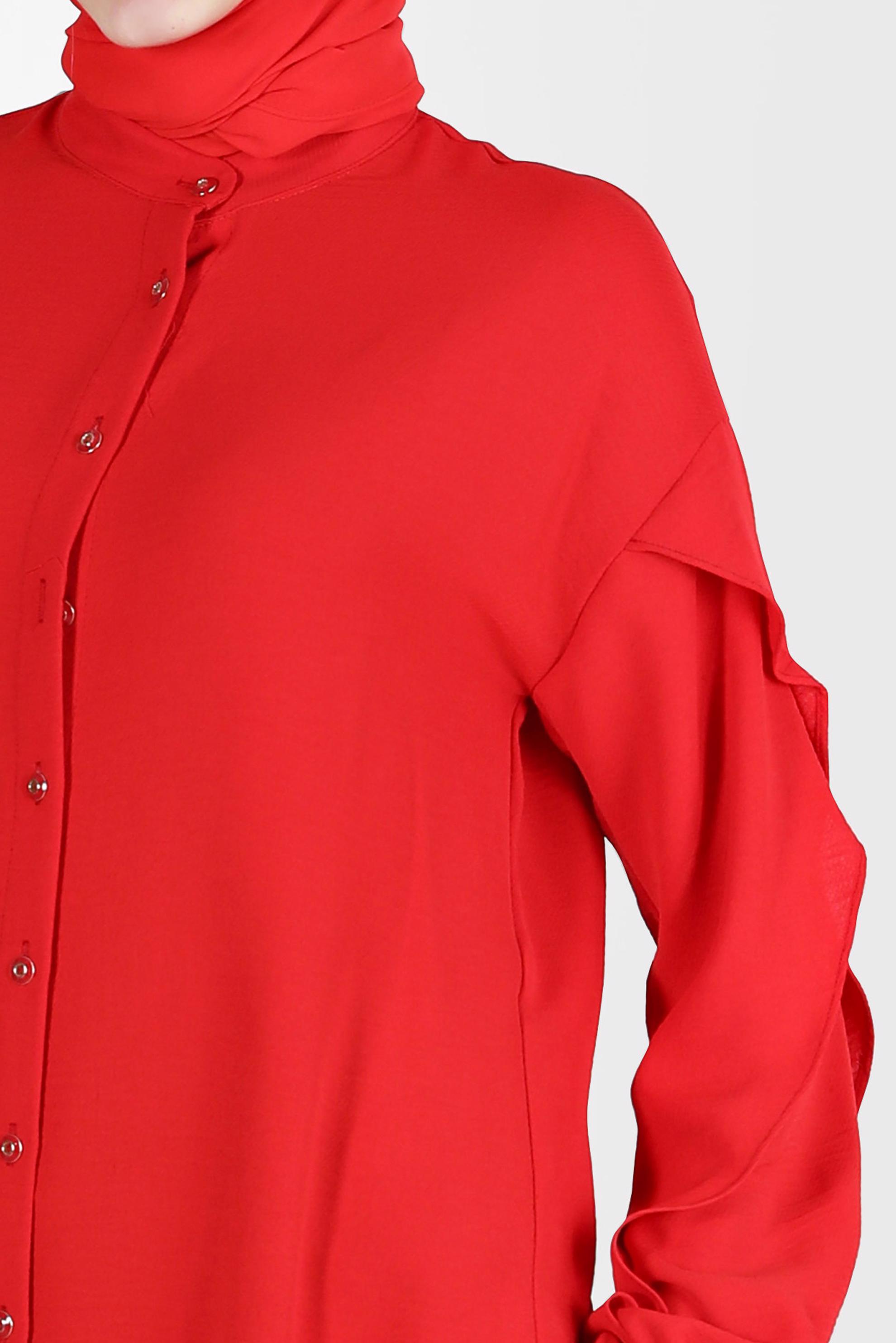 Tesettür giyim KIRMIZI KOLLARI VOLANLI TUNİK 42540 