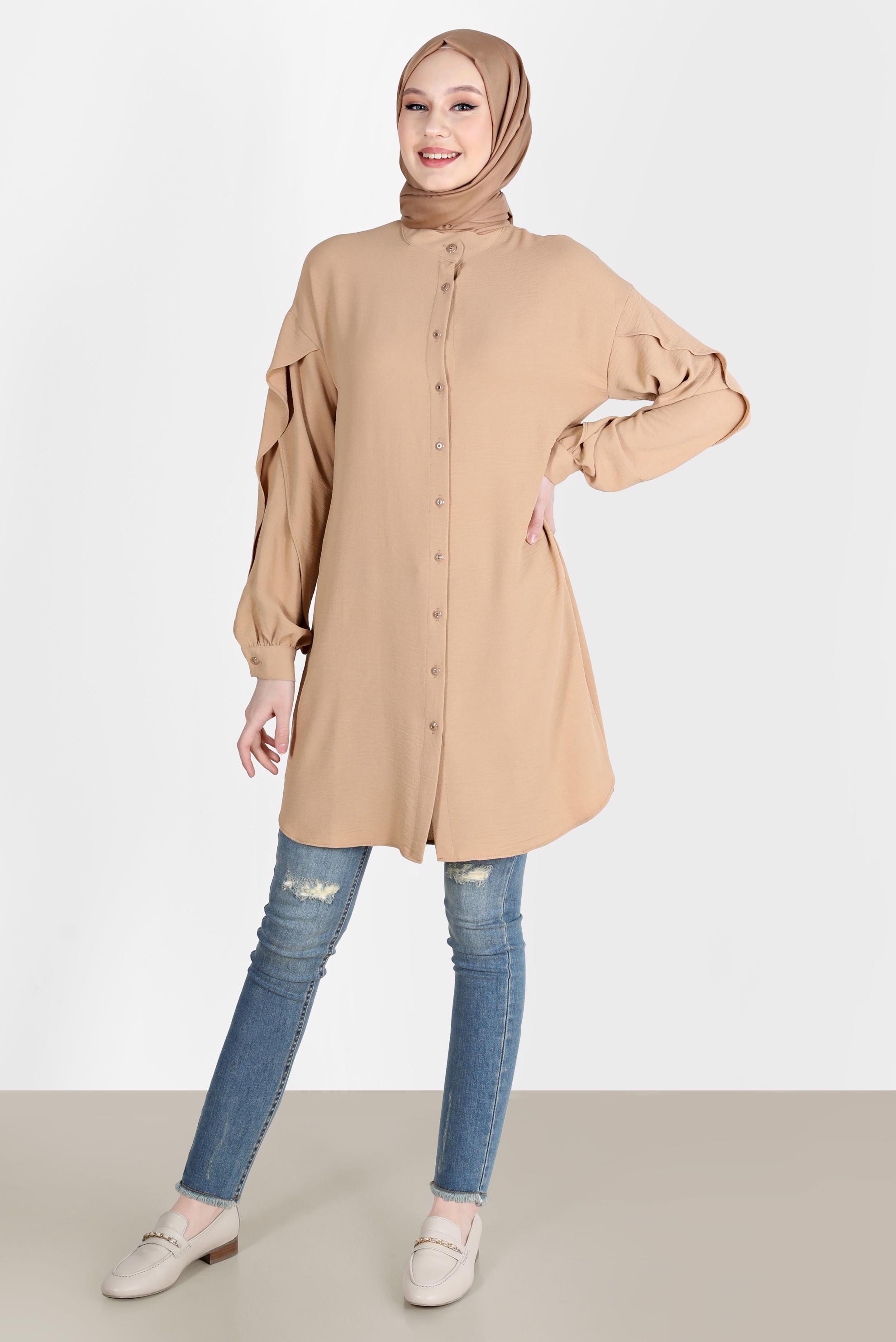 Tesettür giyim KAHVE KOLLARI VOLANLI TUNİK 42540 