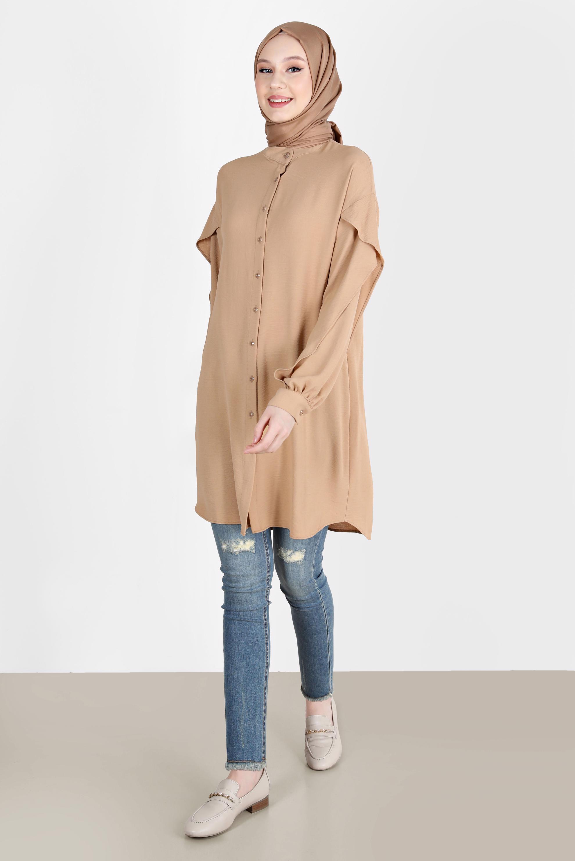 Tesettür giyim KAHVE KOLLARI VOLANLI TUNİK 42540 