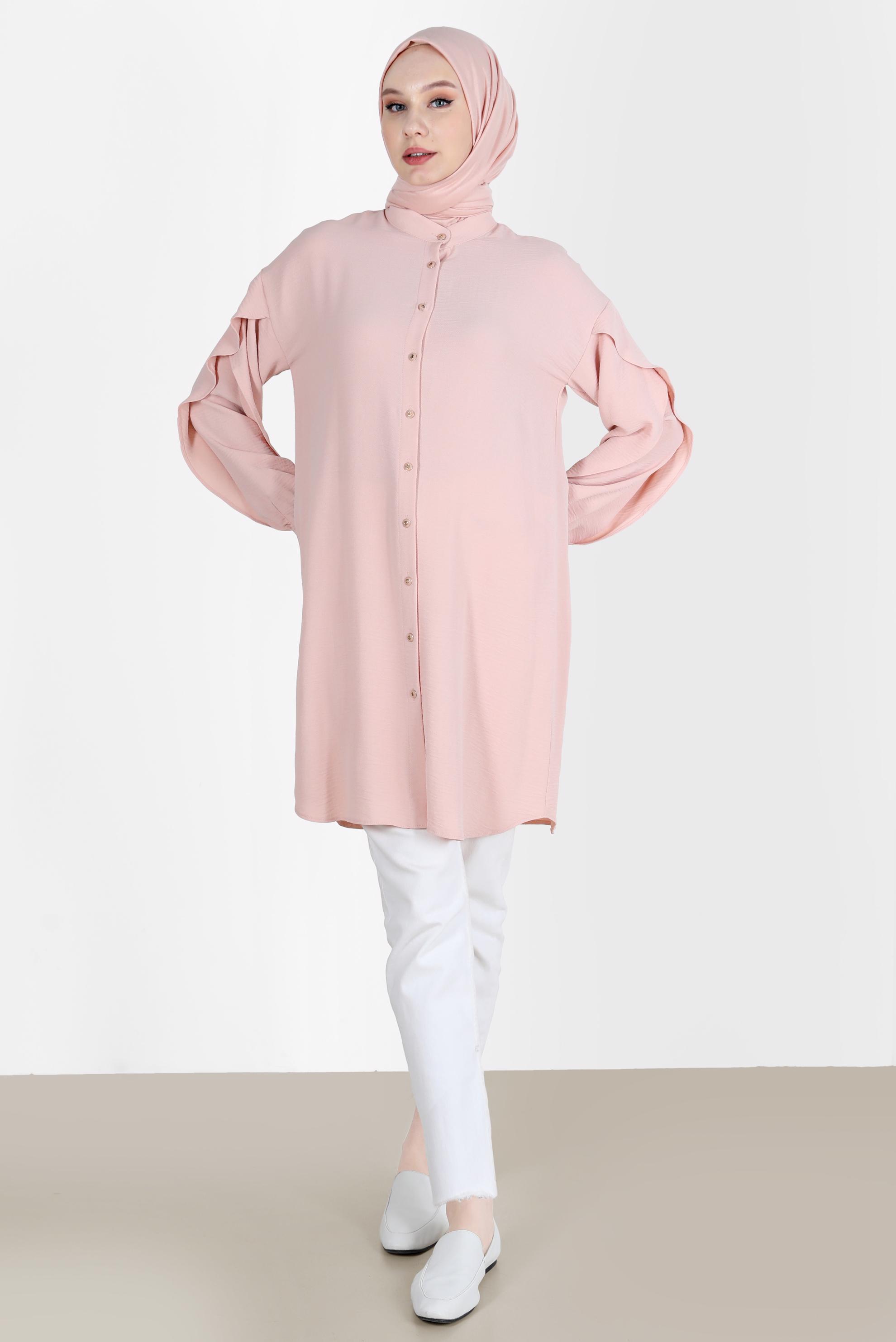Tesettür giyim PUDRA KOLLARI VOLANLI TUNİK 42540 