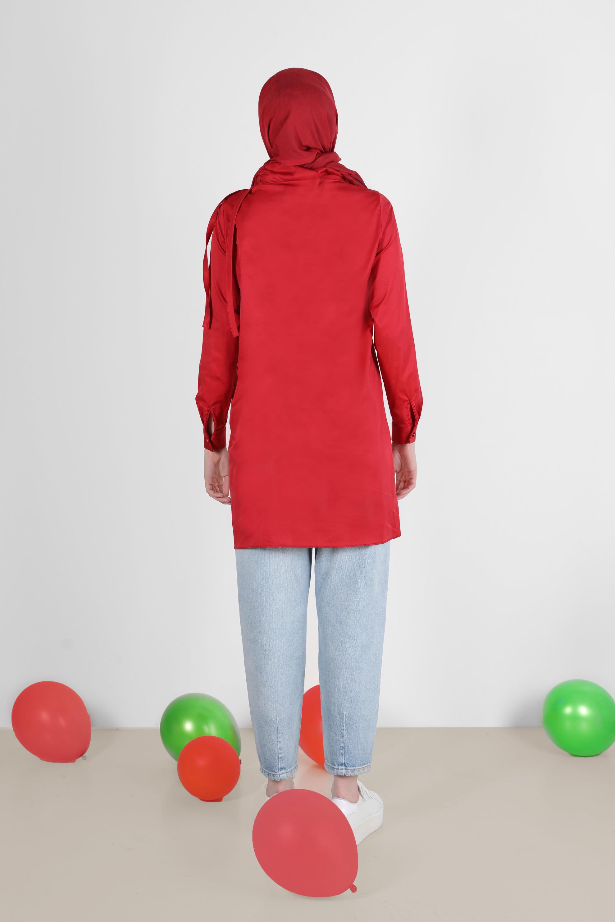 Tesettür giyim BORDO OMZU BÜZGÜ DETAYLI NAKIŞLI  TUNİK 42541 