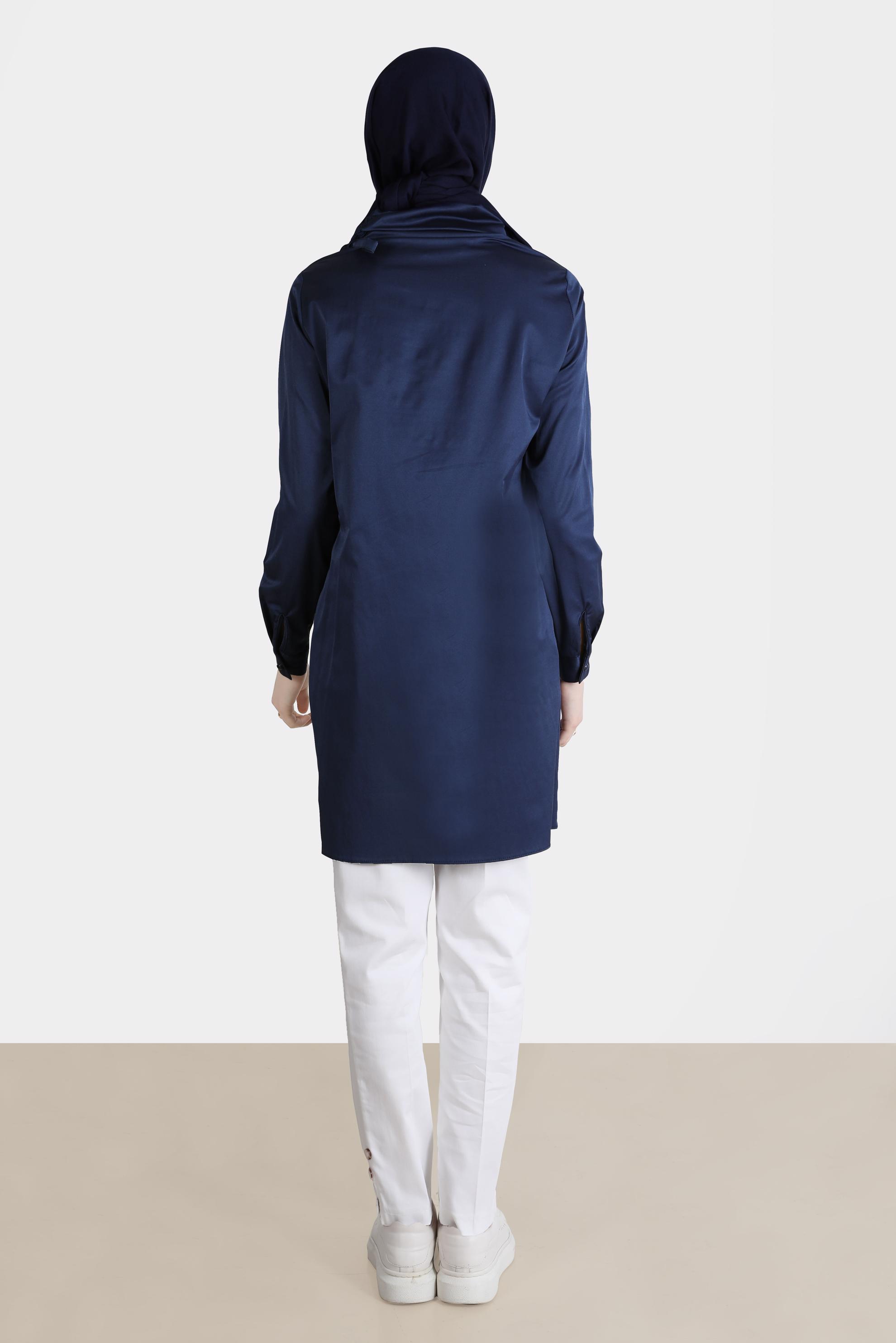 Tesettür giyim LACİVERT OMZU BÜZGÜ DETAYLI NAKIŞLI  TUNİK 42541 