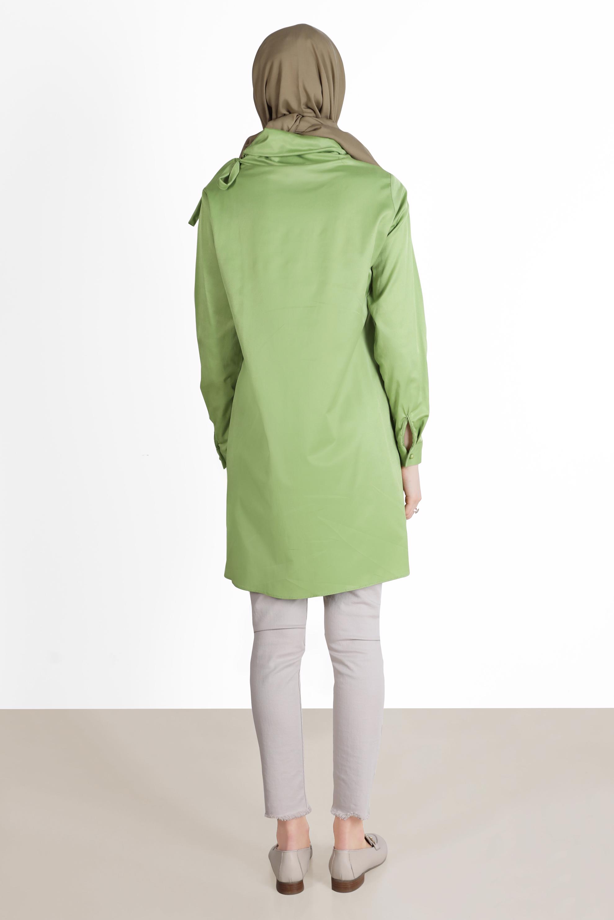 Tesettür giyim YEŞİL OMZU BÜZGÜ DETAYLI NAKIŞLI  TUNİK 42541 