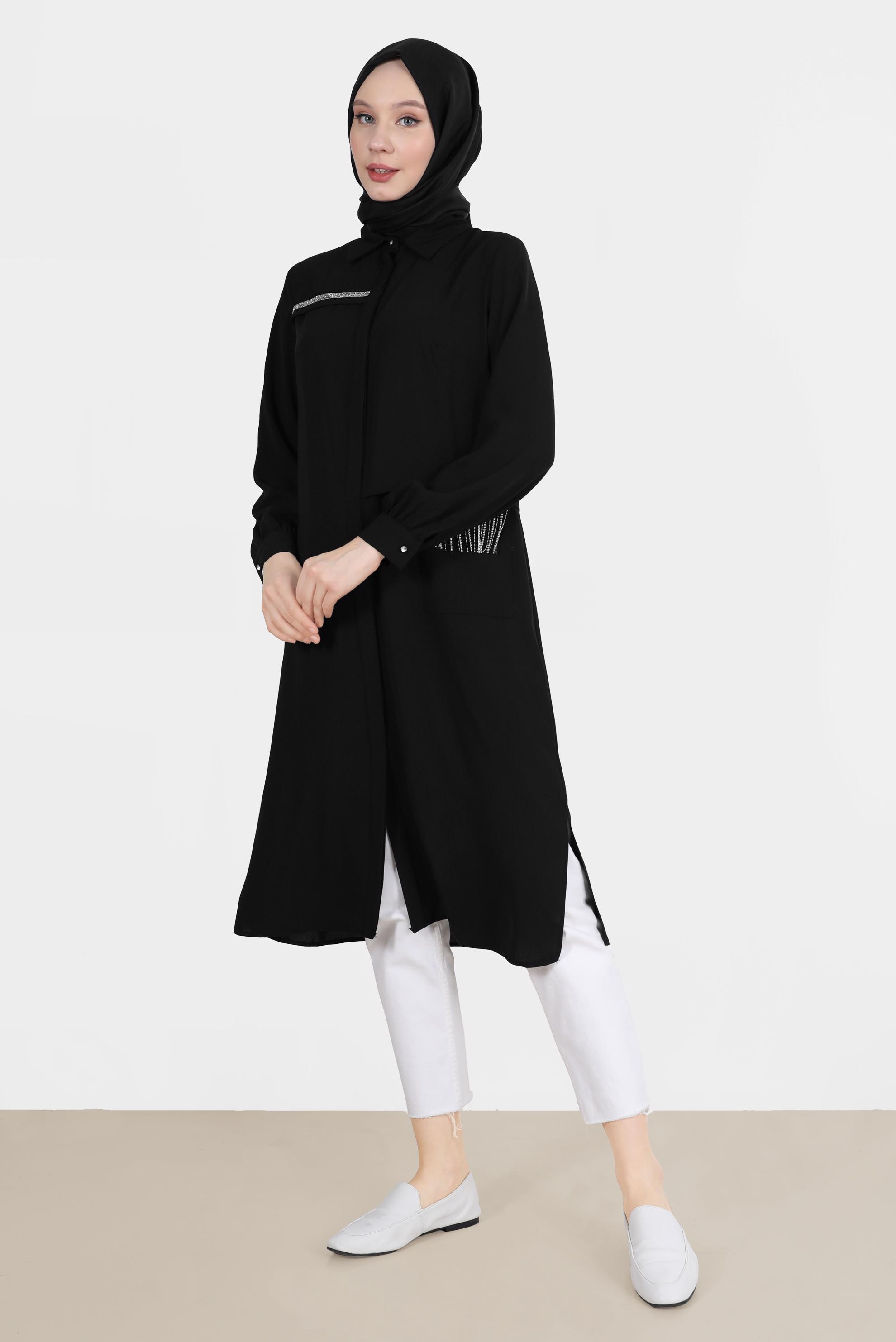 Tesettür giyim SİYAH TAŞ DETAYLI GİZLİ DÜĞMELİ TUNİK 42544