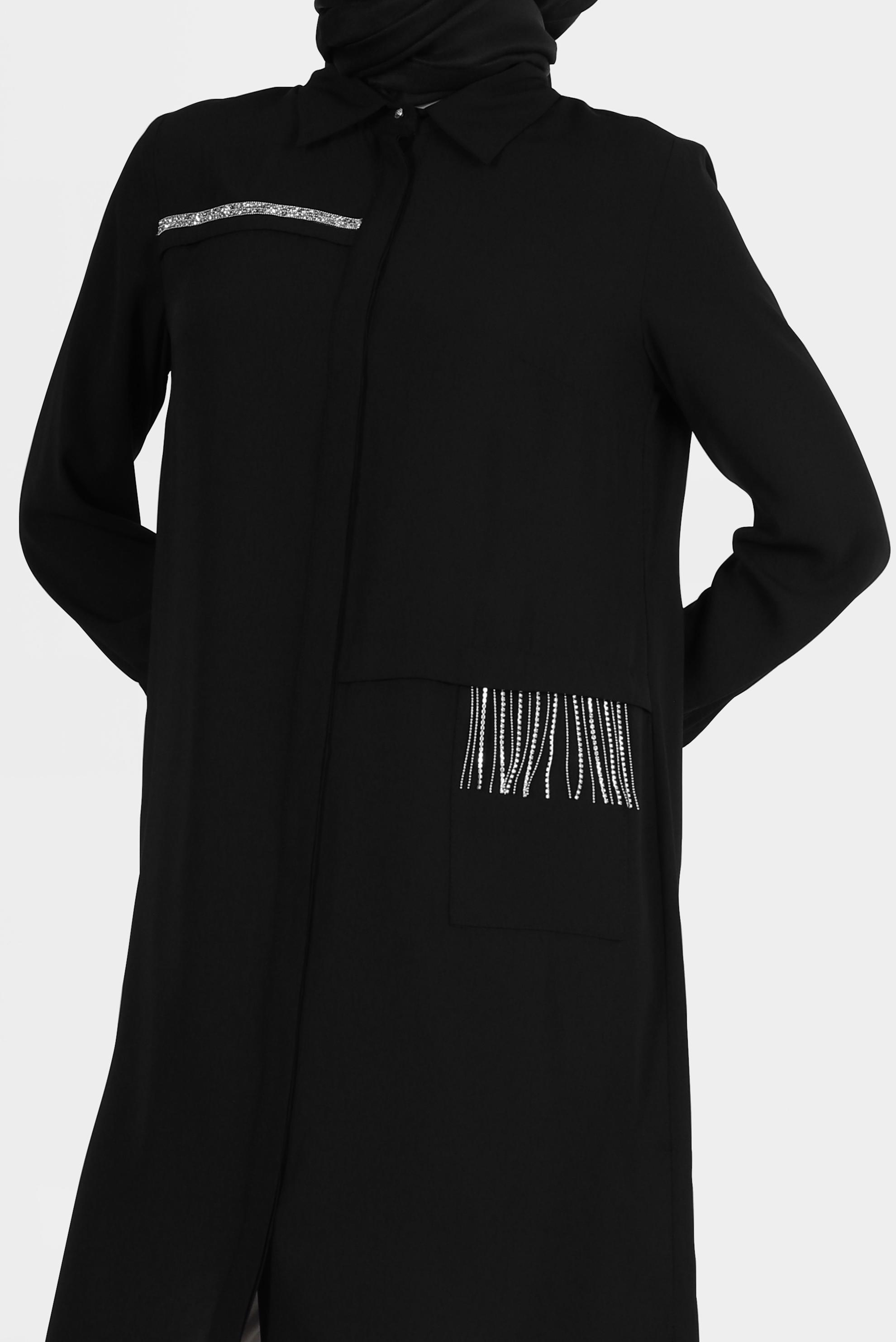 Tesettür giyim SİYAH TAŞ DETAYLI GİZLİ DÜĞMELİ TUNİK 42544