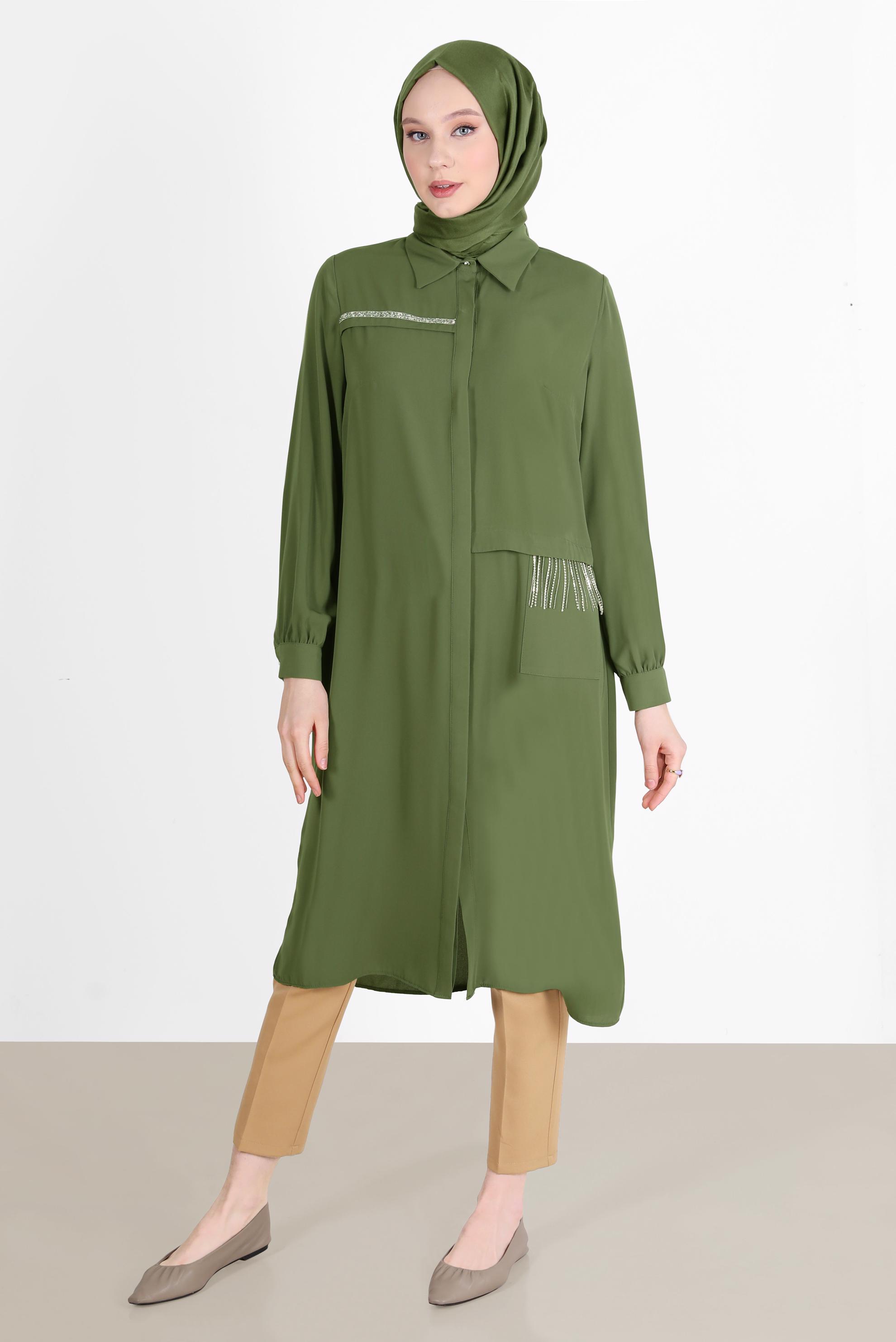 Tesettür giyim HAKİ TAŞ DETAYLI GİZLİ DÜĞMELİ TUNİK 42544