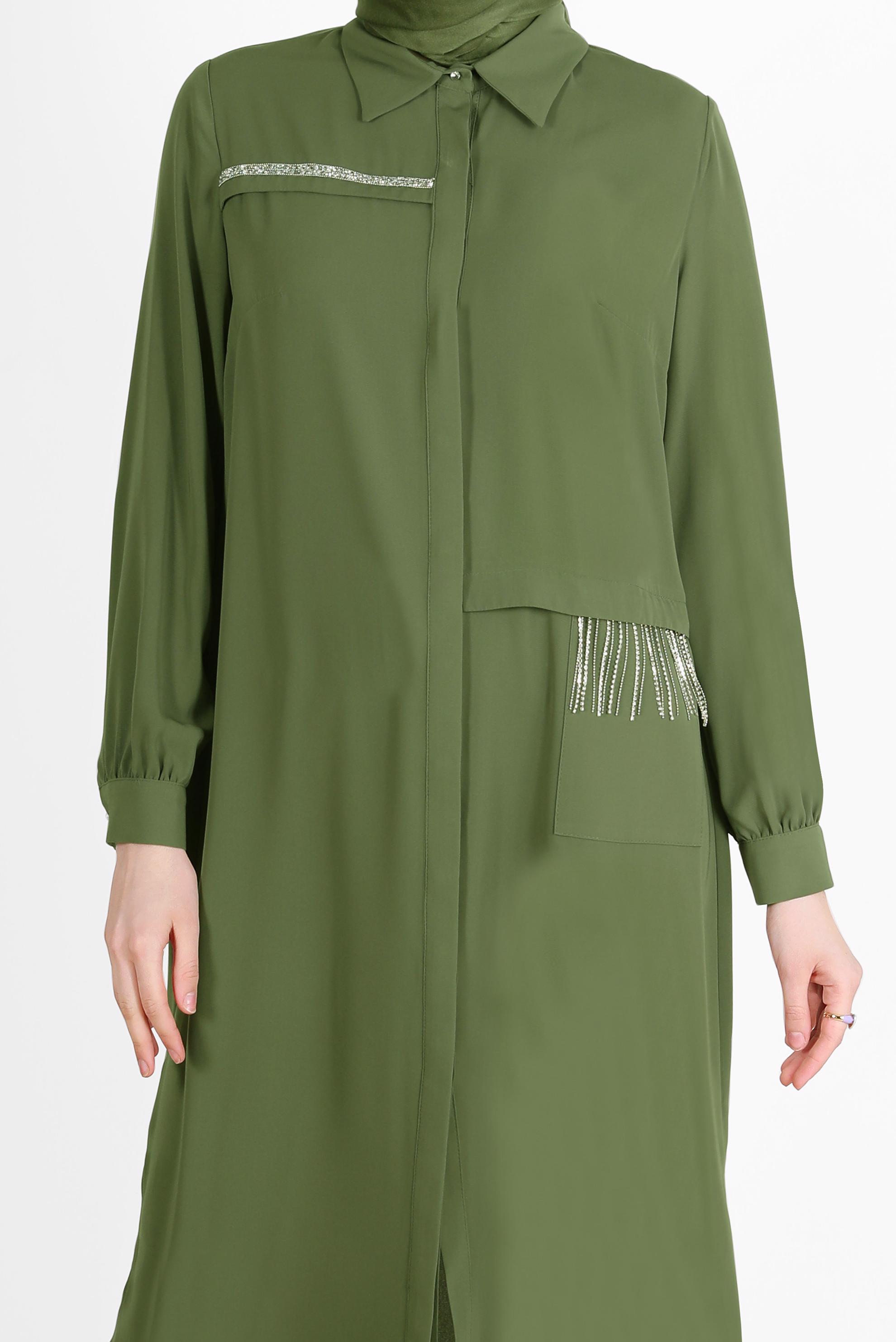 Tesettür giyim HAKİ TAŞ DETAYLI GİZLİ DÜĞMELİ TUNİK 42544