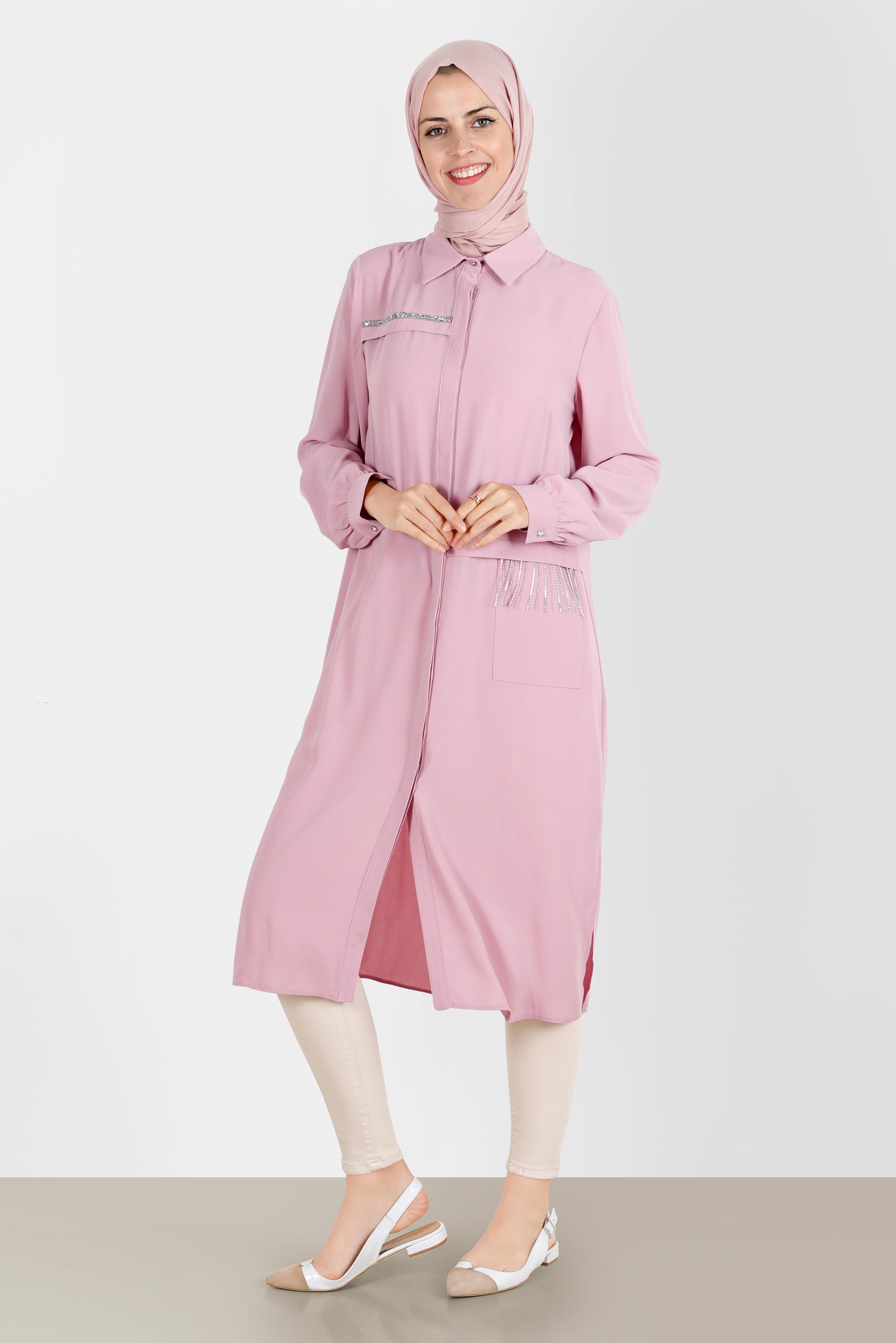 Tesettür giyim PUDRA TAŞ DETAYLI GİZLİ DÜĞMELİ TUNİK 42544