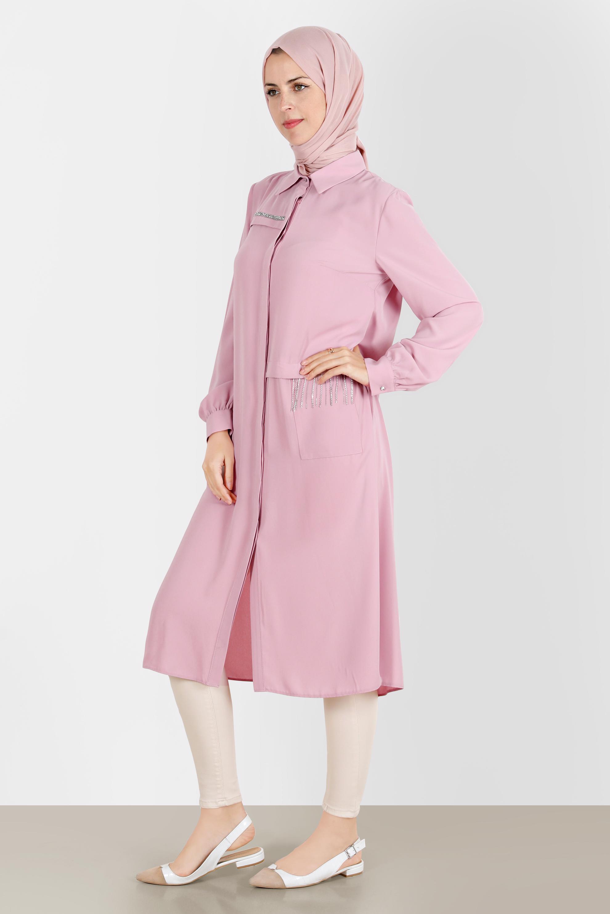 Tesettür giyim PUDRA TAŞ DETAYLI GİZLİ DÜĞMELİ TUNİK 42544