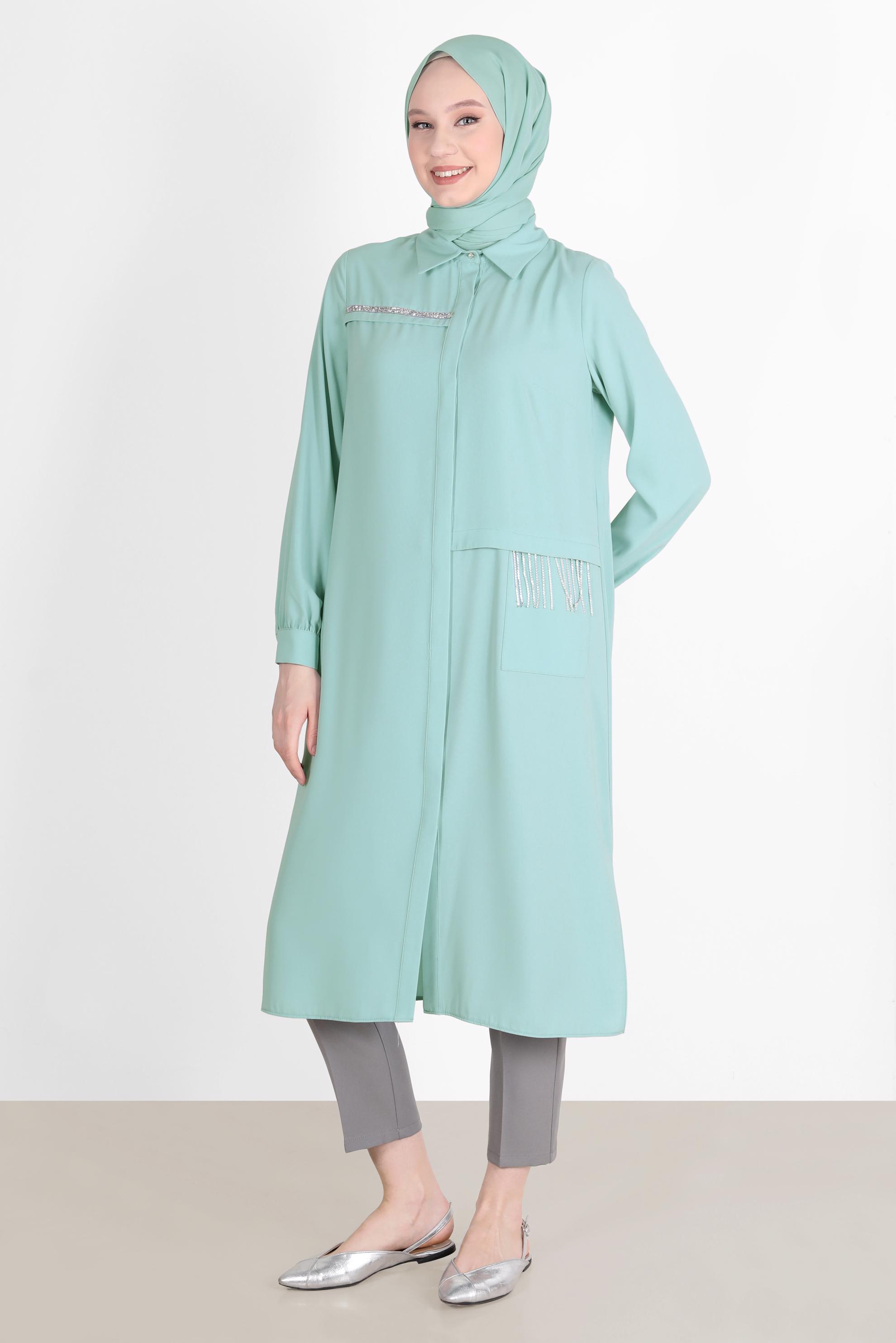 Tesettür giyim MAVİ TAŞ DETAYLI GİZLİ DÜĞMELİ TUNİK 42544