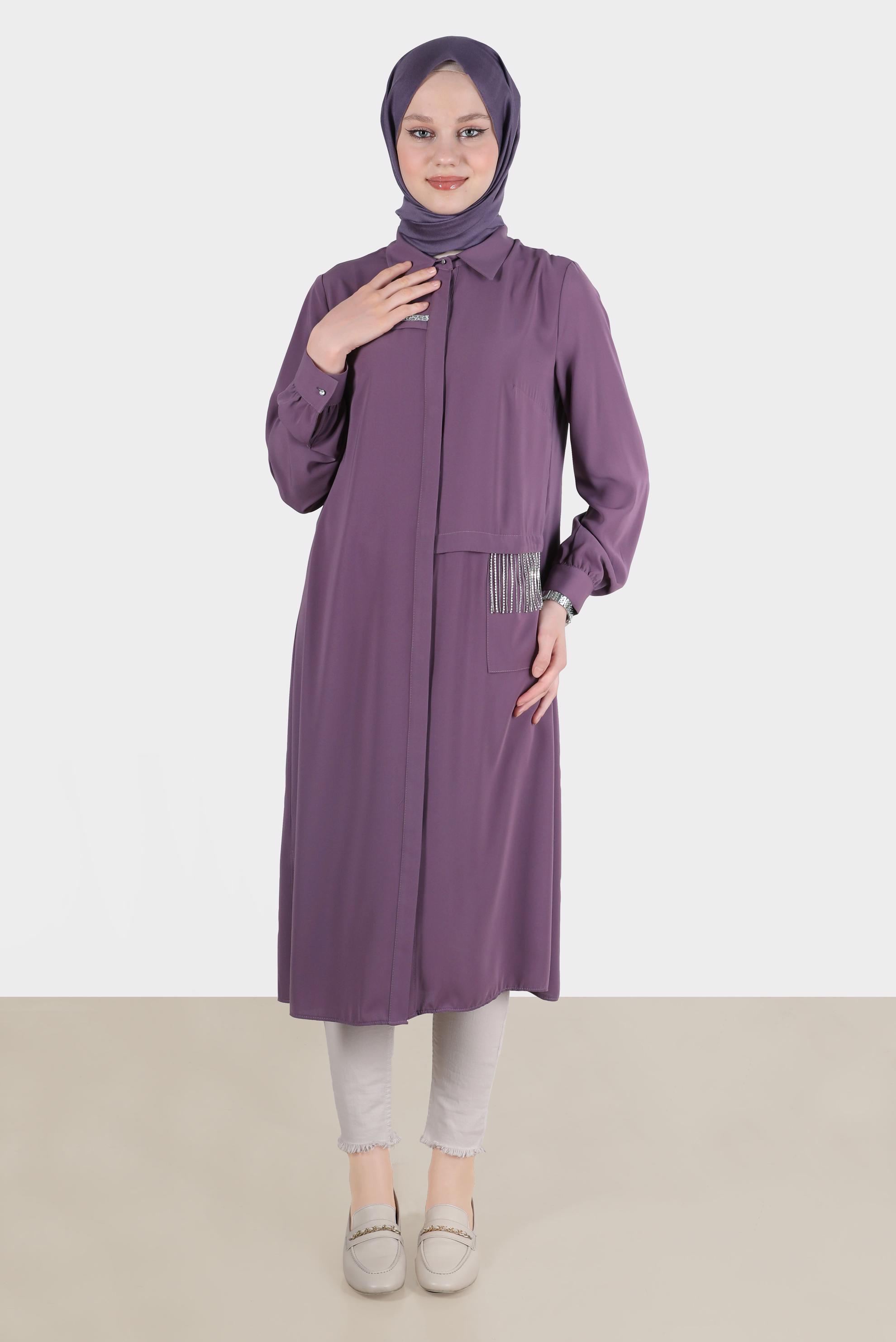 Tesettür giyim MOR TAŞ DETAYLI GİZLİ DÜĞMELİ TUNİK 42544