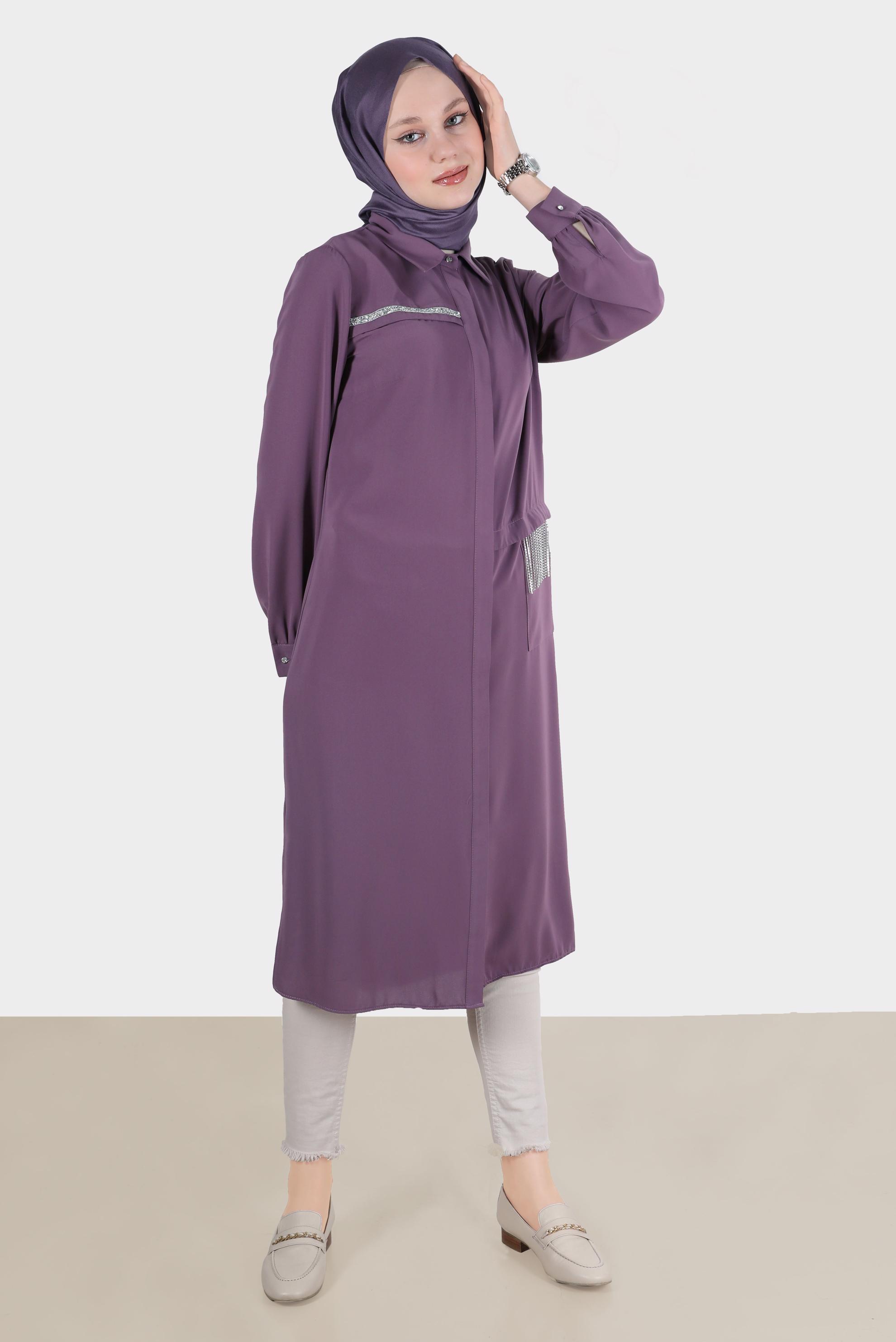 Tesettür giyim MOR TAŞ DETAYLI GİZLİ DÜĞMELİ TUNİK 42544