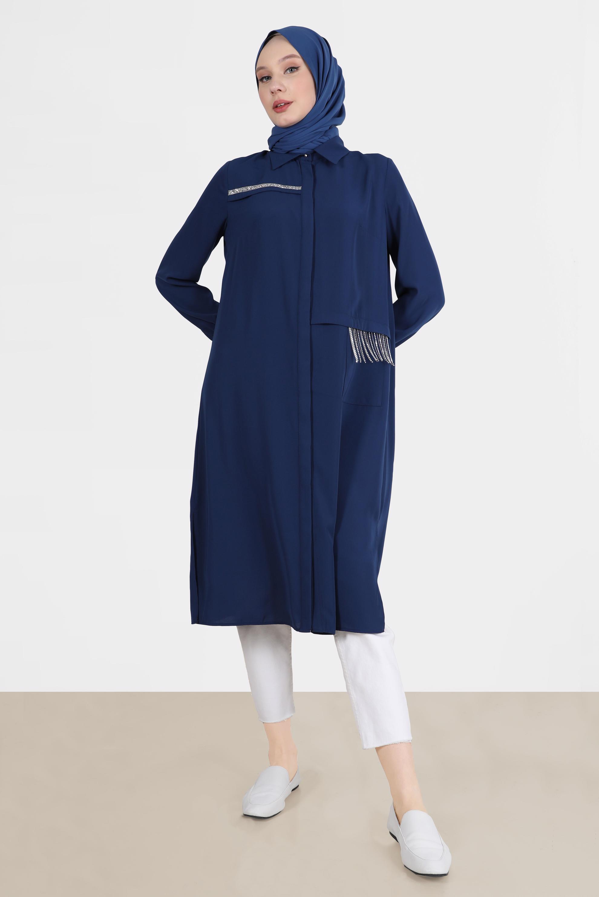 Tesettür giyim LACİVERT TAŞ DETAYLI GİZLİ DÜĞMELİ TUNİK 42544