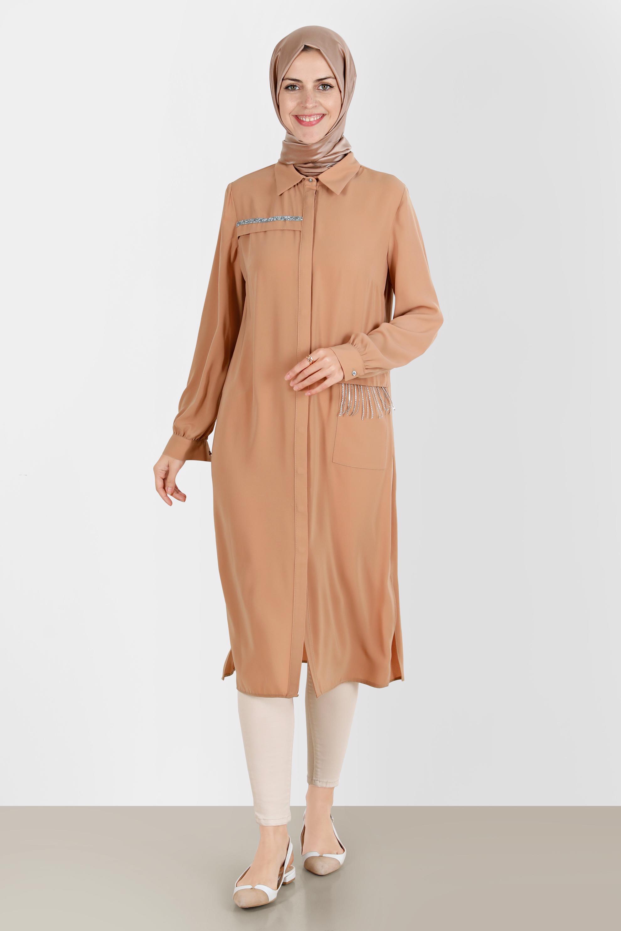 Tesettür giyim KAHVE TAŞ DETAYLI GİZLİ DÜĞMELİ TUNİK 42544