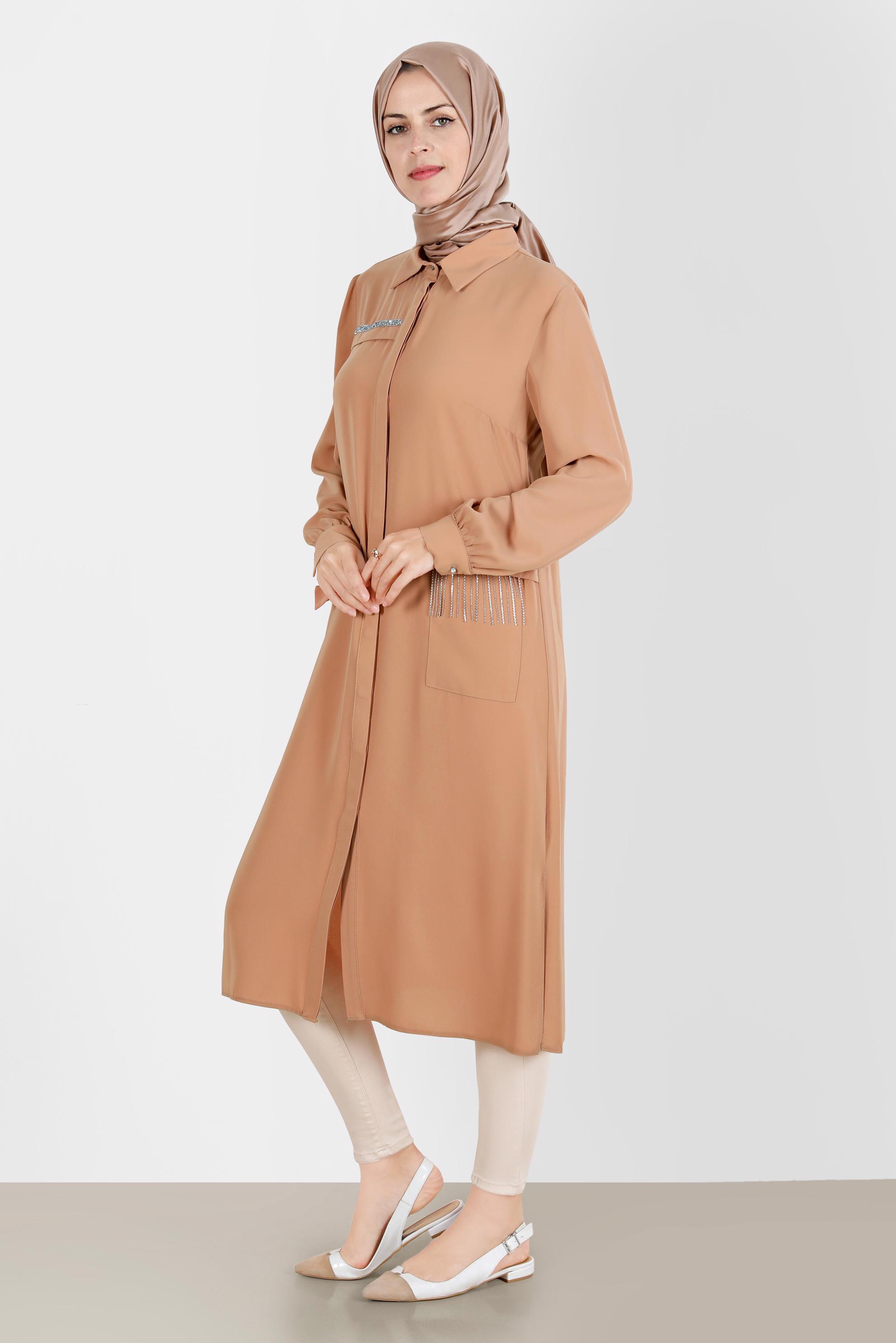 Tesettür giyim KAHVE TAŞ DETAYLI GİZLİ DÜĞMELİ TUNİK 42544