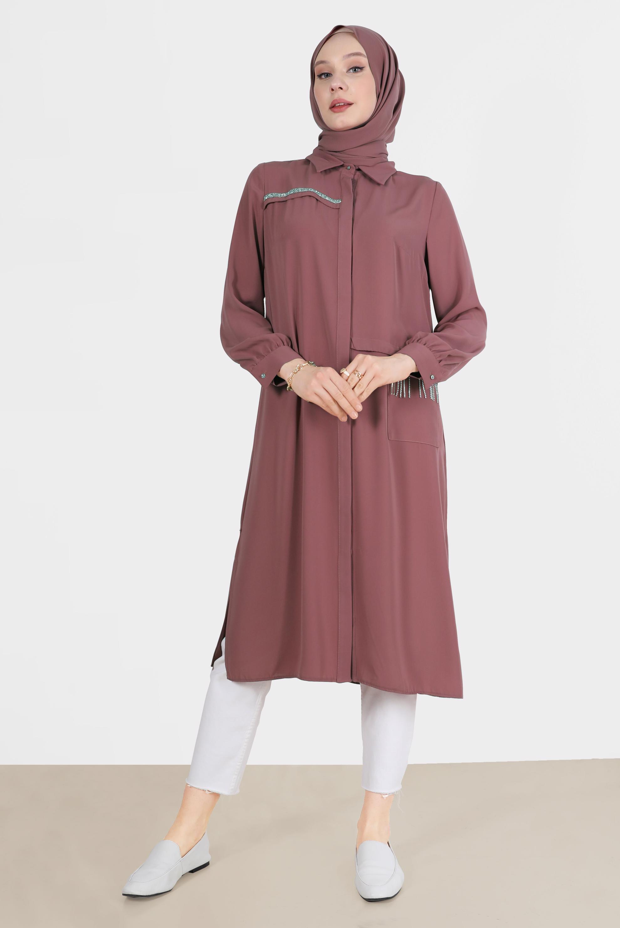 Tesettür giyim PEMBE TAŞ DETAYLI GİZLİ DÜĞMELİ TUNİK 42544