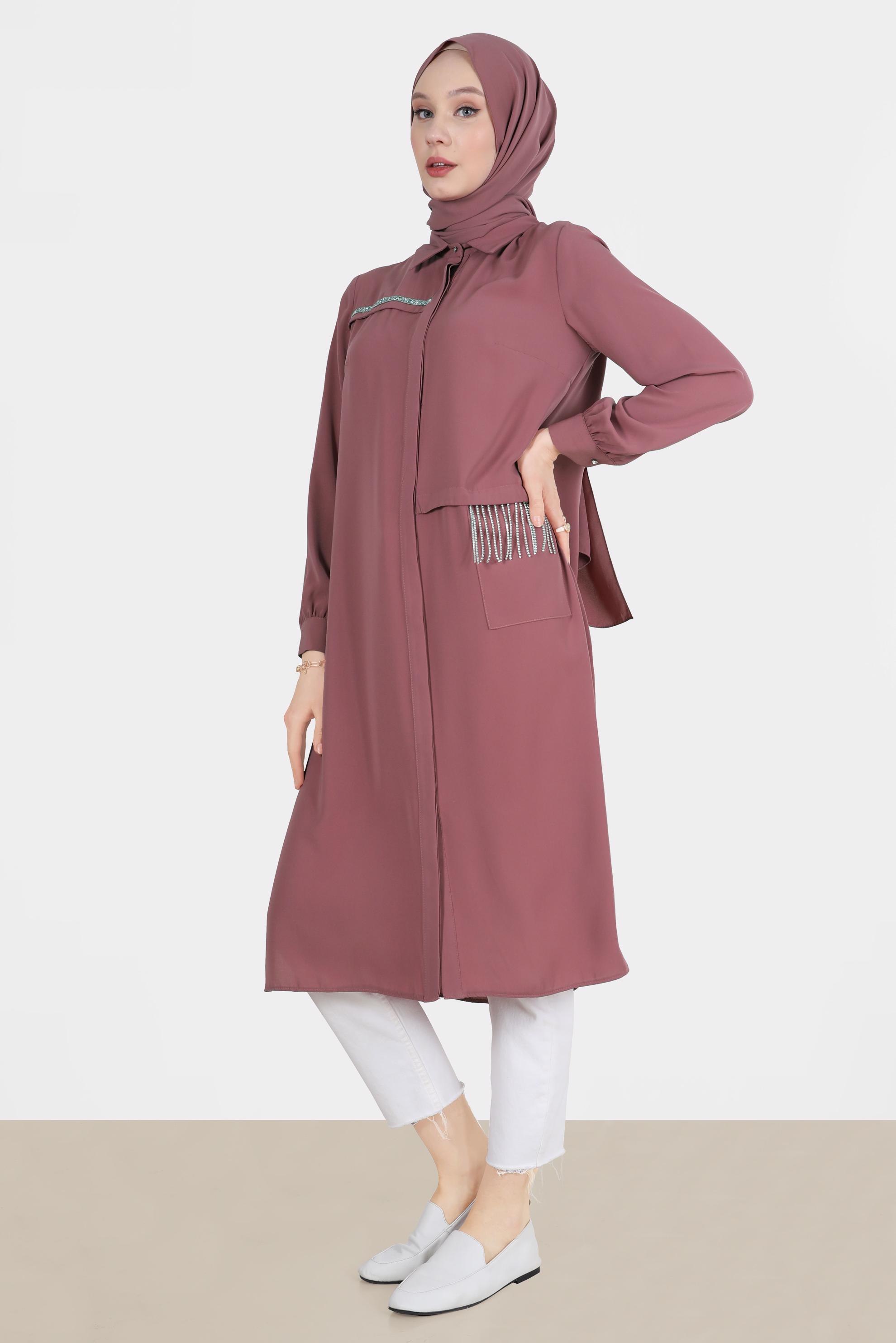 Tesettür giyim PEMBE TAŞ DETAYLI GİZLİ DÜĞMELİ TUNİK 42544