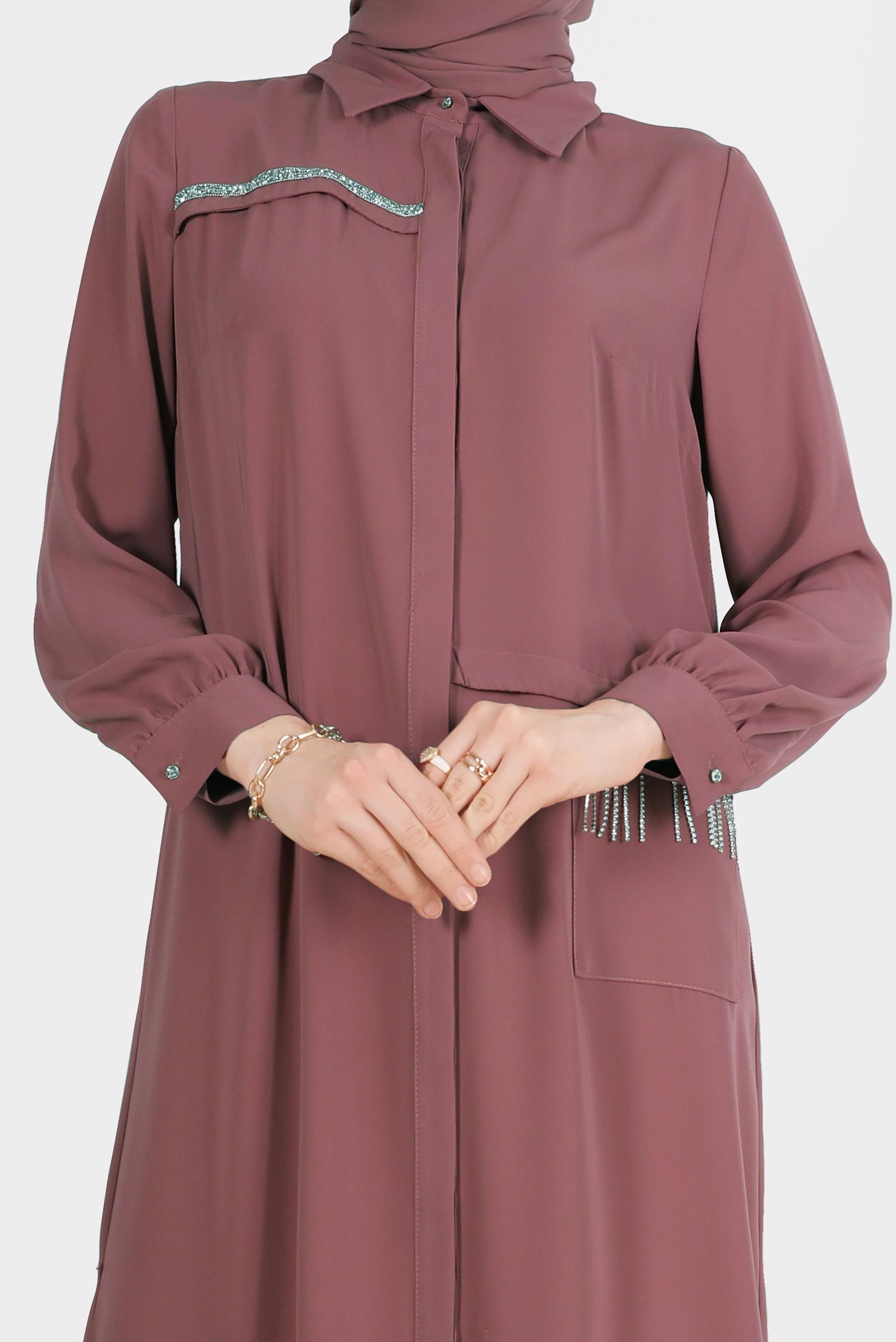 Tesettür giyim PEMBE TAŞ DETAYLI GİZLİ DÜĞMELİ TUNİK 42544