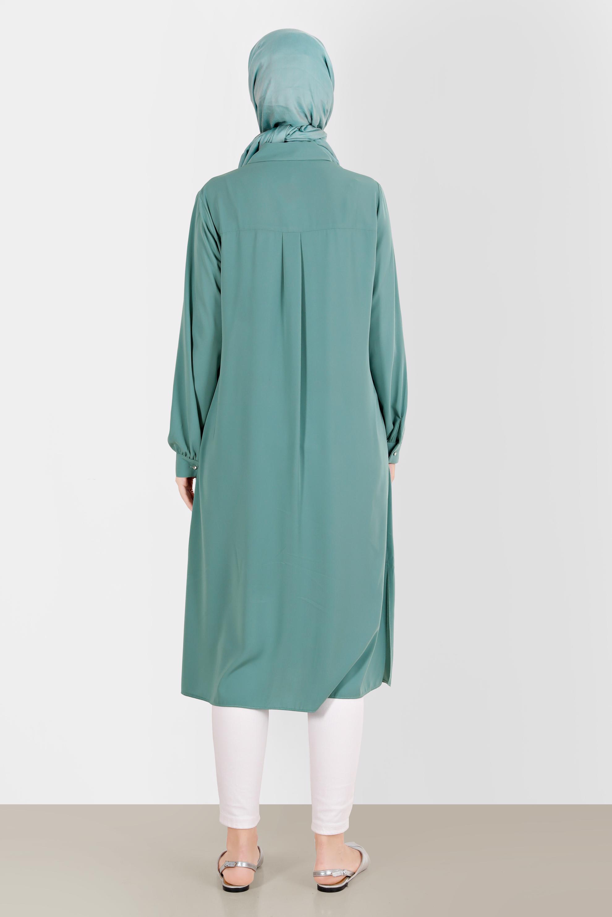 Tesettür giyim YEŞİL TAŞ DETAYLI GİZLİ DÜĞMELİ TUNİK 42544