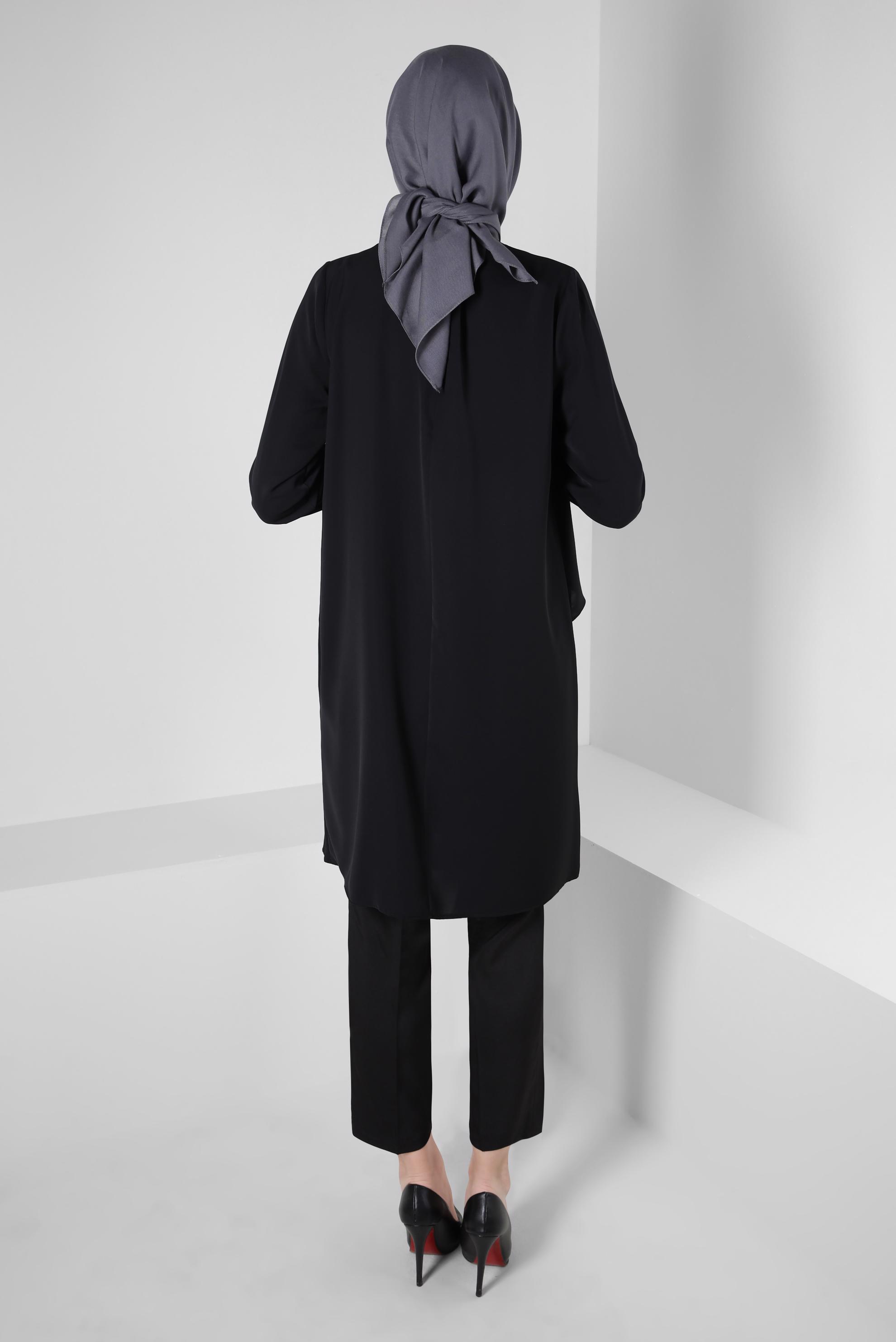 Tesettür giyim SİYAH TAŞ ŞERİT DETAYLI VOLANLI TUNİK 42545 