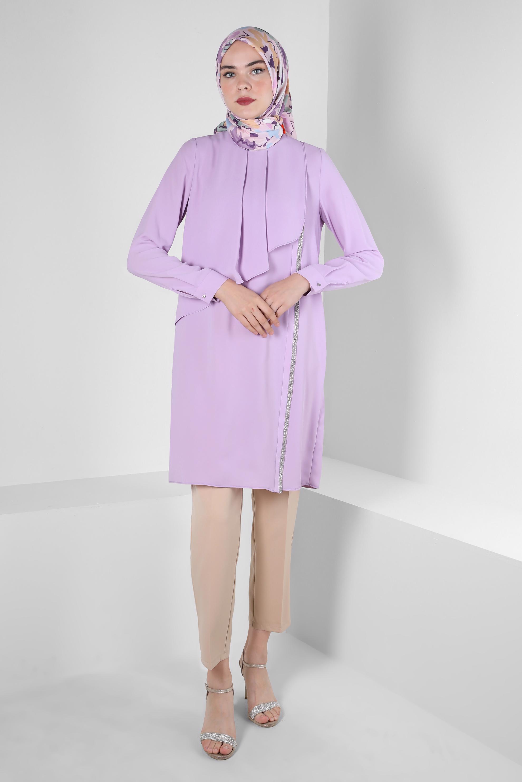 Tesettür giyim MOR TAŞ ŞERİT DETAYLI VOLANLI TUNİK 42545 