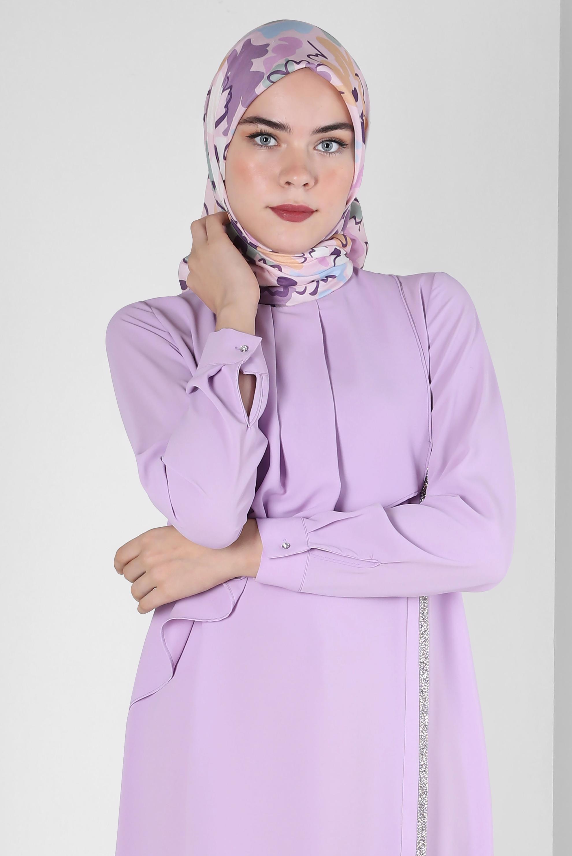 Tesettür giyim MOR TAŞ ŞERİT DETAYLI VOLANLI TUNİK 42545 