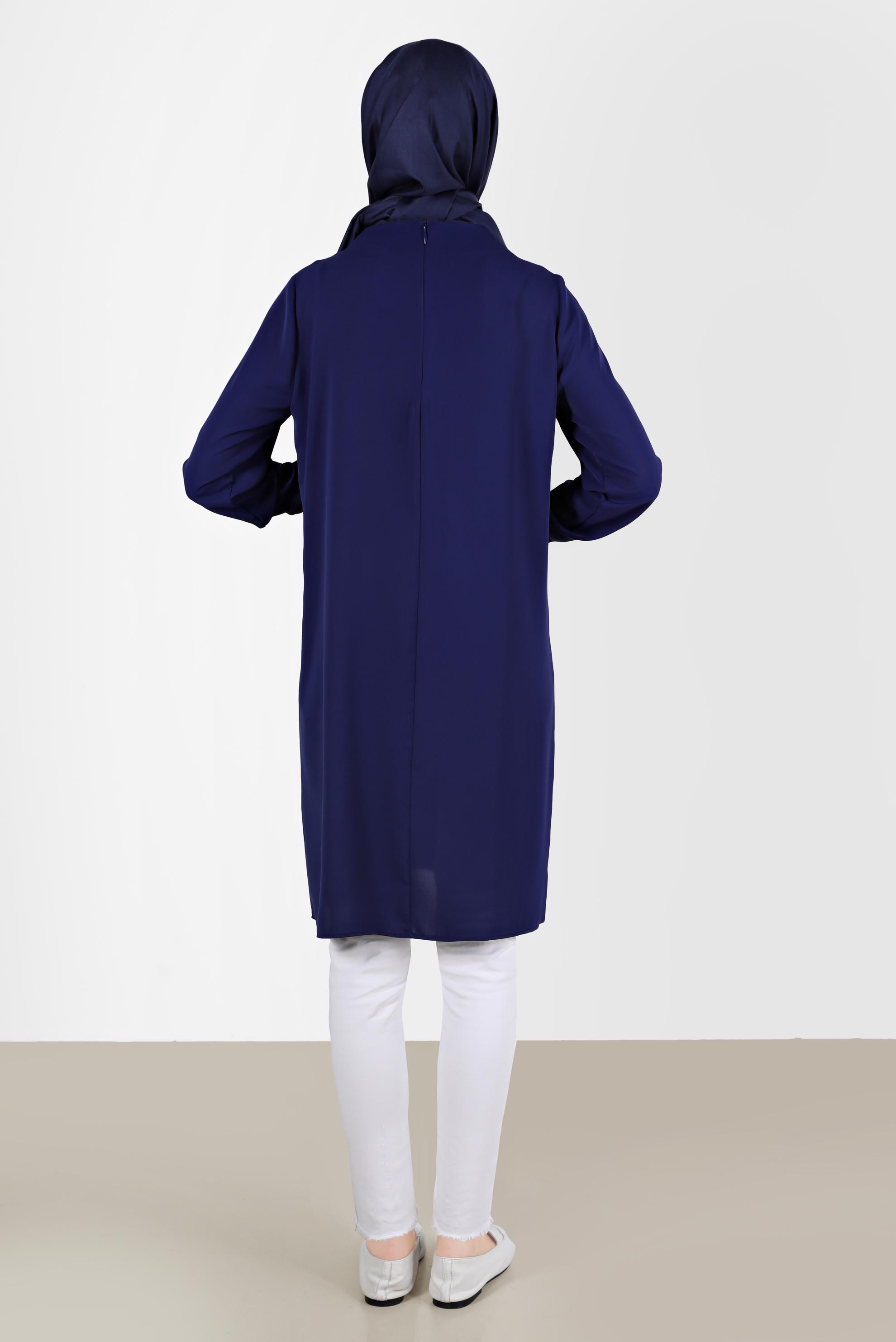 Tesettür giyim LACİVERT TAŞ ŞERİT DETAYLI VOLANLI TUNİK 42545 