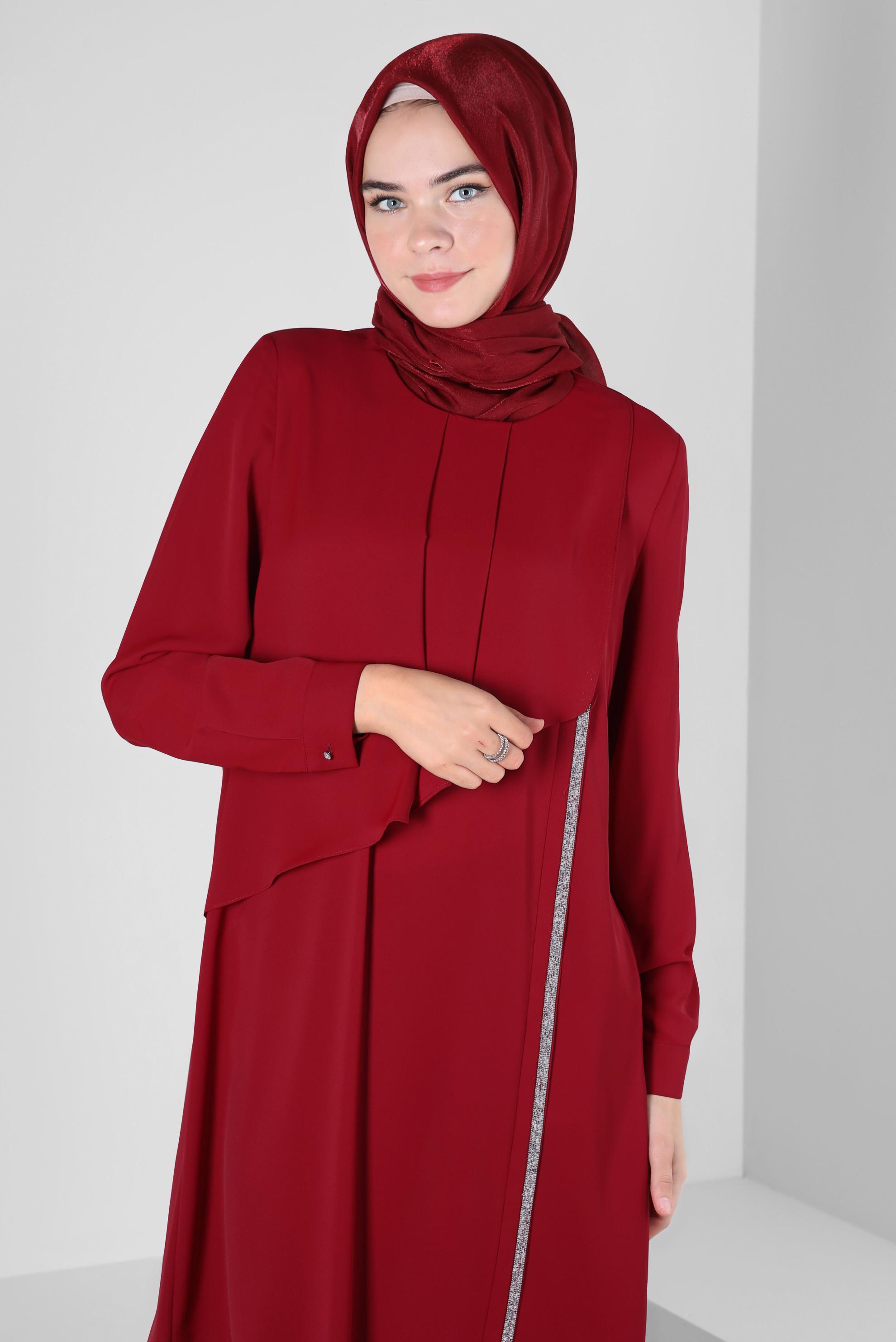 Tesettür giyim BORDO TAŞ ŞERİT DETAYLI VOLANLI TUNİK 42545 