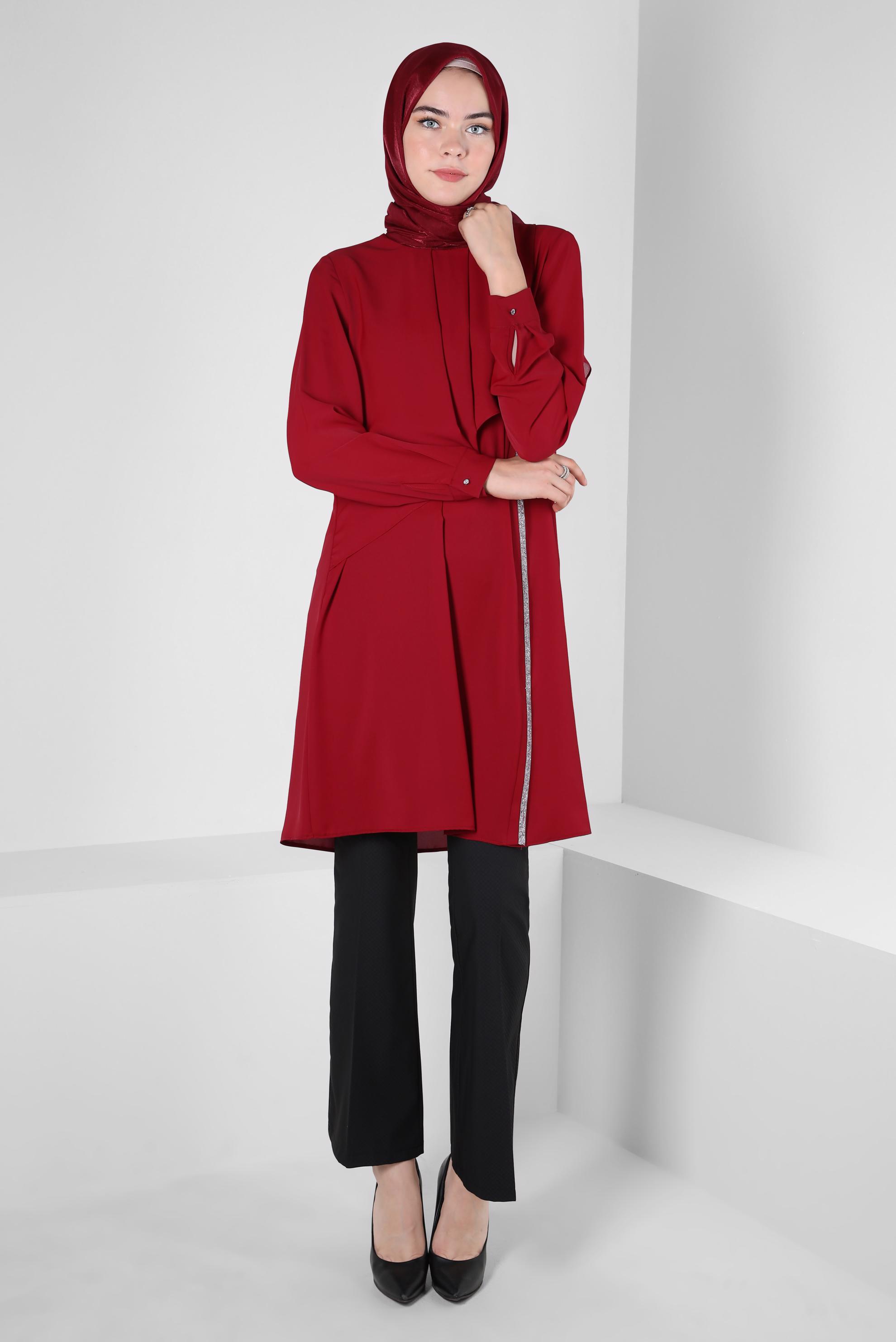 Tesettür giyim BORDO TAŞ ŞERİT DETAYLI VOLANLI TUNİK 42545 