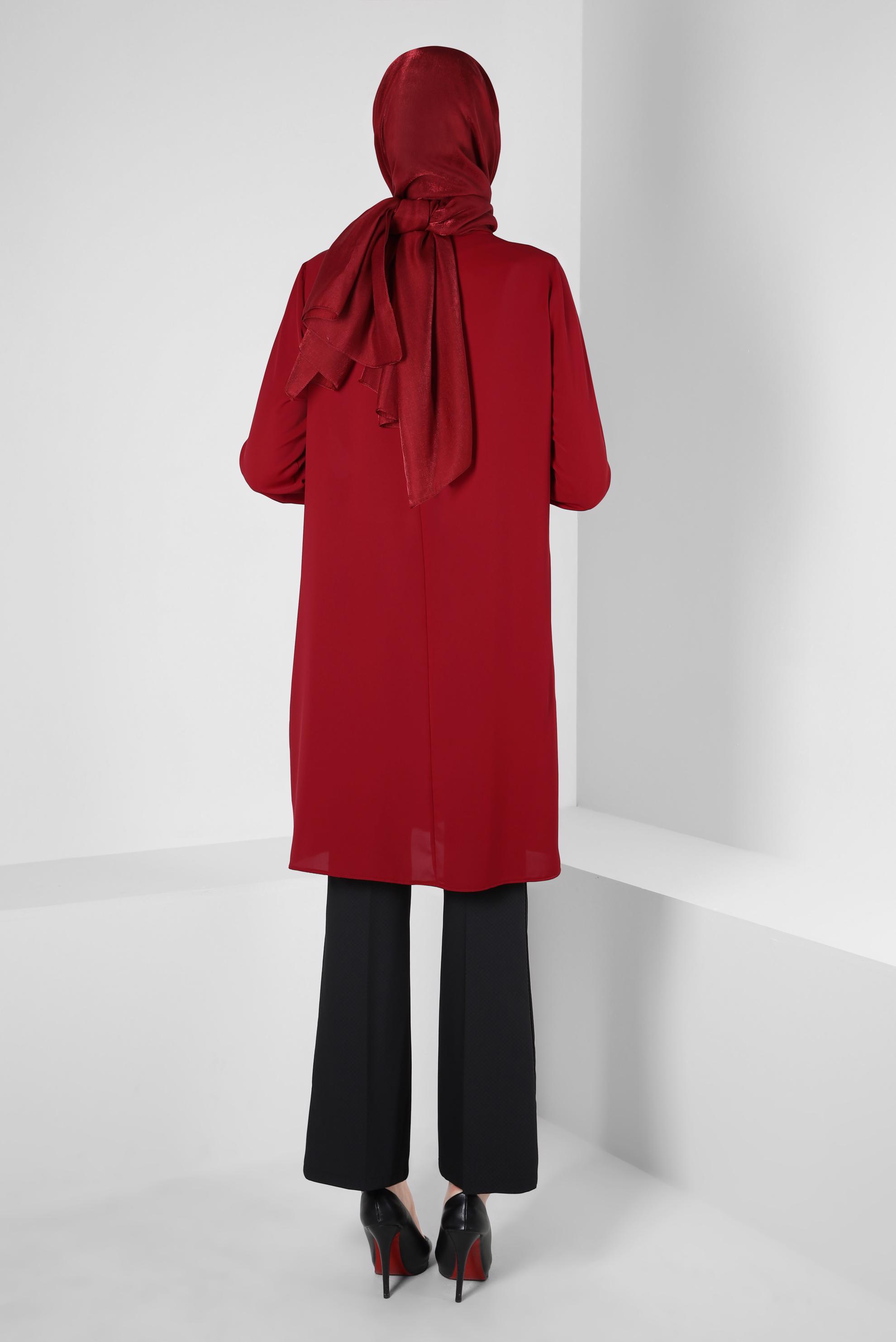 Tesettür giyim BORDO TAŞ ŞERİT DETAYLI VOLANLI TUNİK 42545 