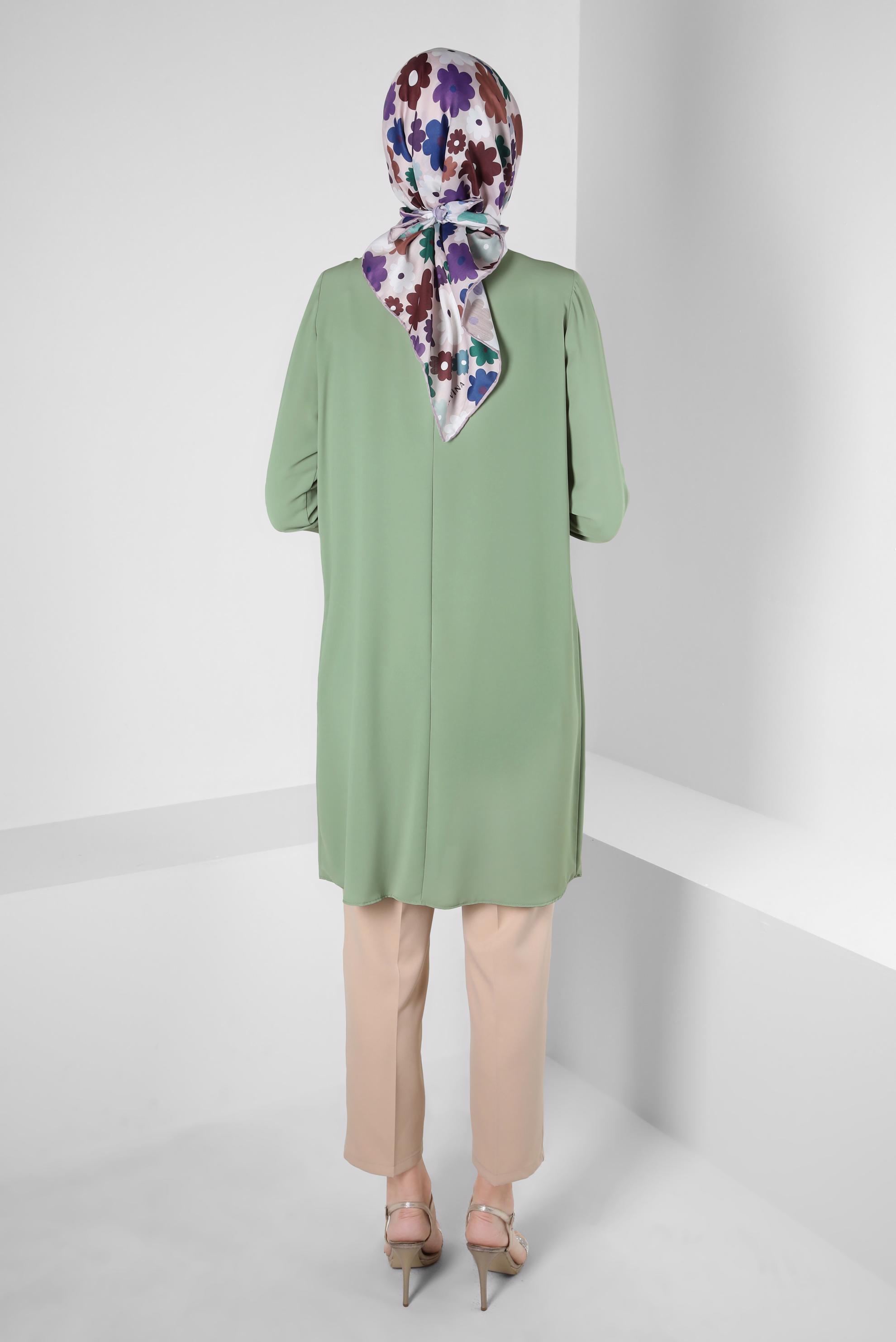 Tesettür giyim YEŞİL TAŞ ŞERİT DETAYLI VOLANLI TUNİK 42545 