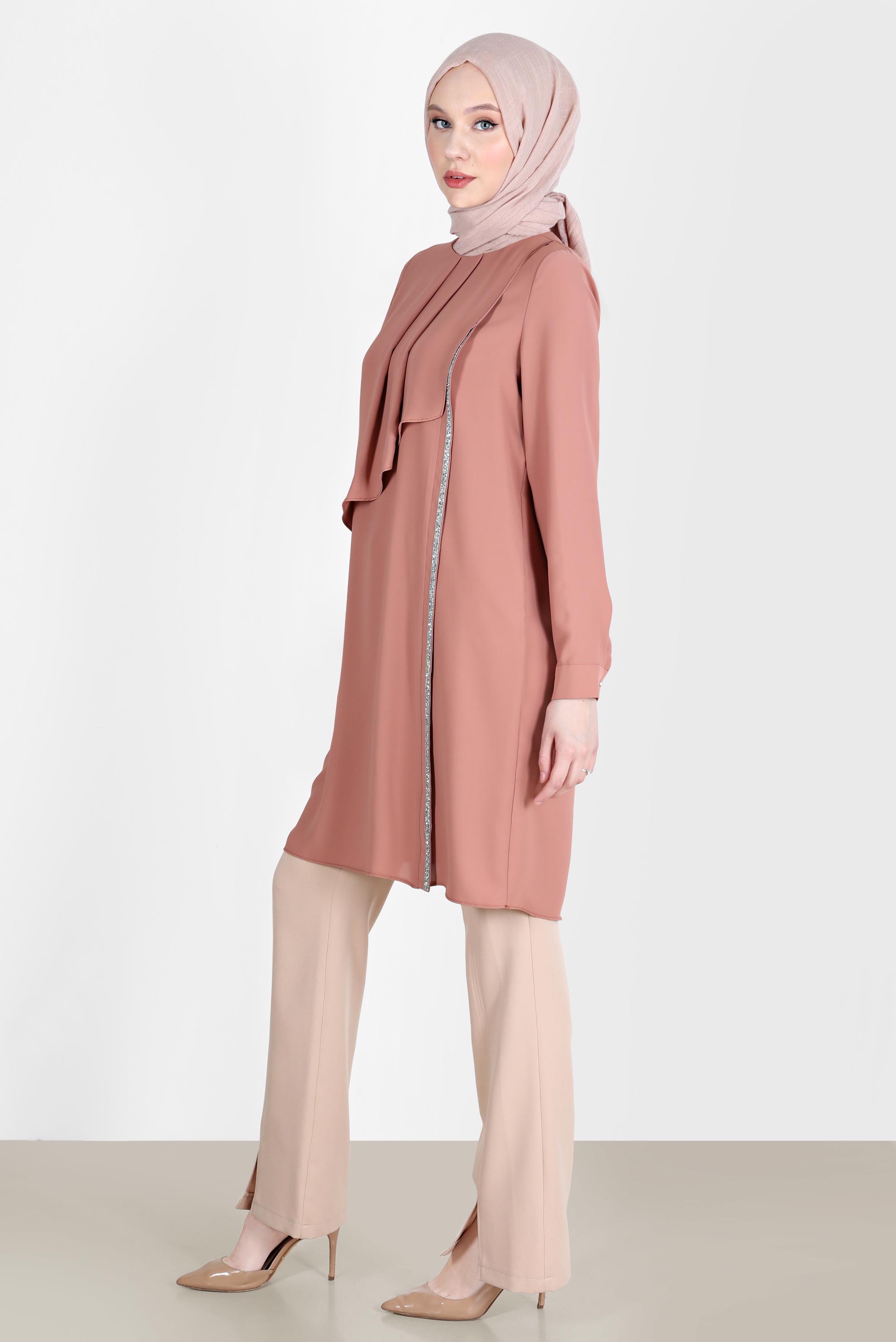 Tesettür giyim KAHVE TAŞ ŞERİT DETAYLI VOLANLI TUNİK 42545 