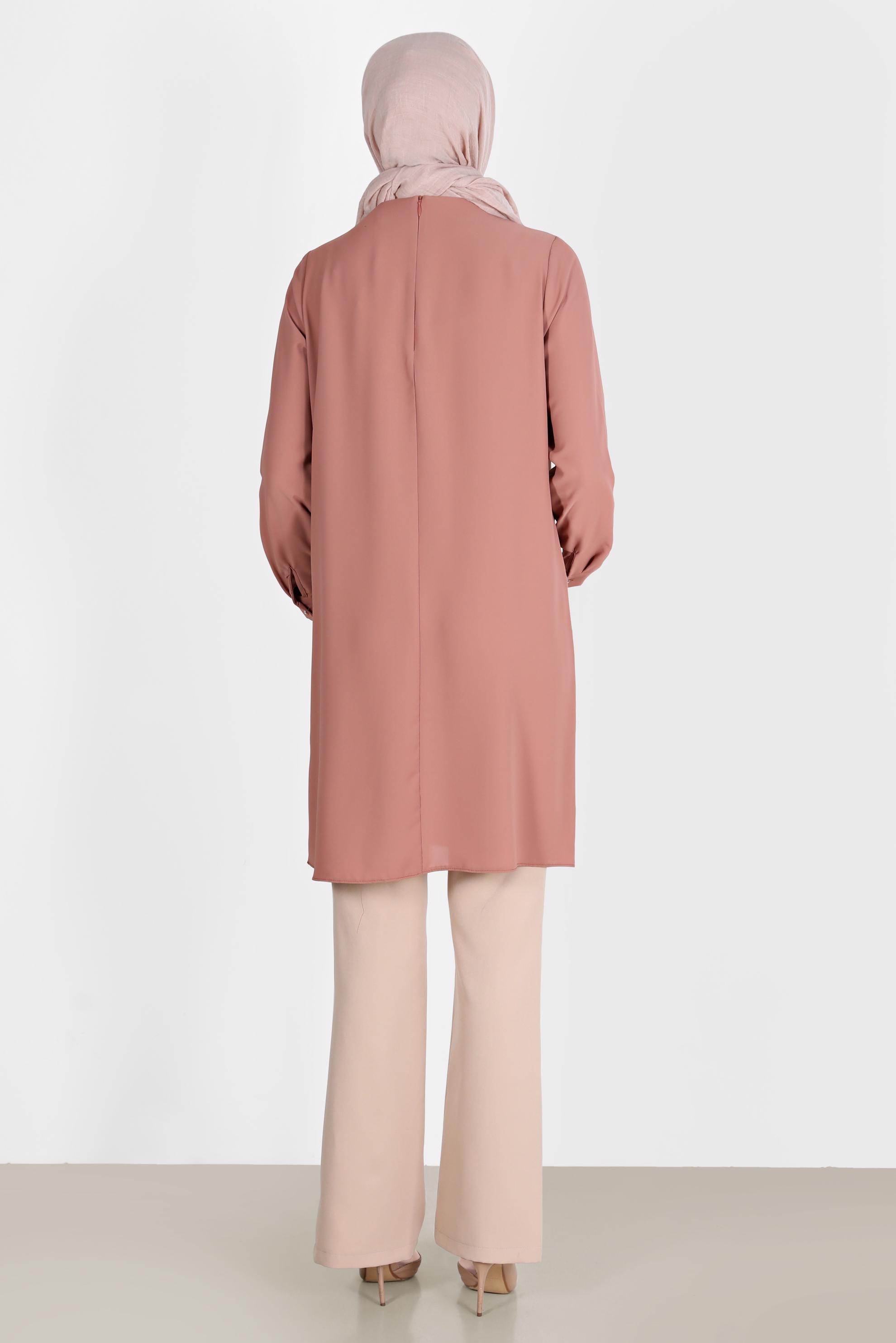 Tesettür giyim KAHVE TAŞ ŞERİT DETAYLI VOLANLI TUNİK 42545 