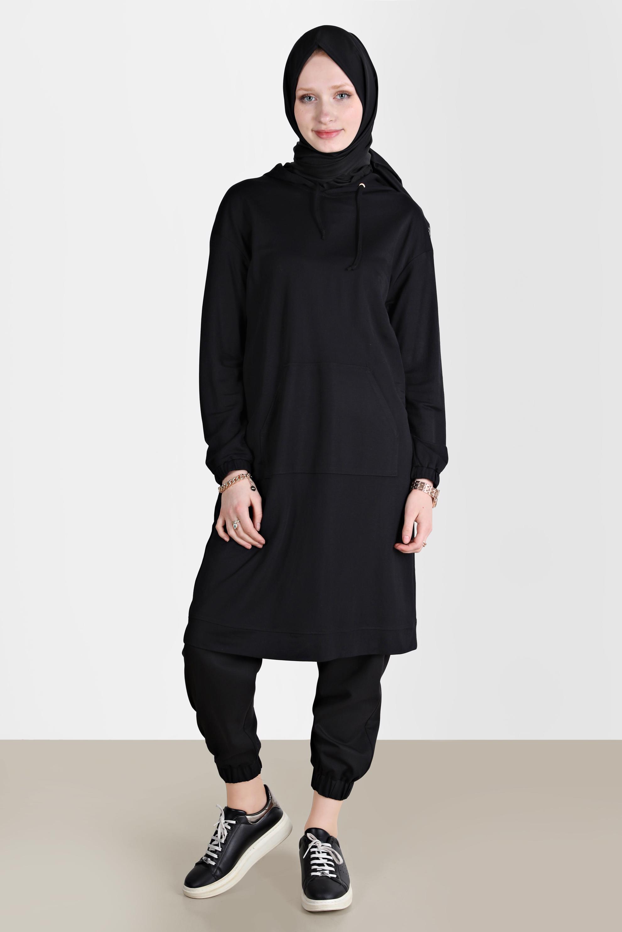 Tesettür giyim SİYAH CEPLİ KAPÜŞONLU TUNİK 42557 