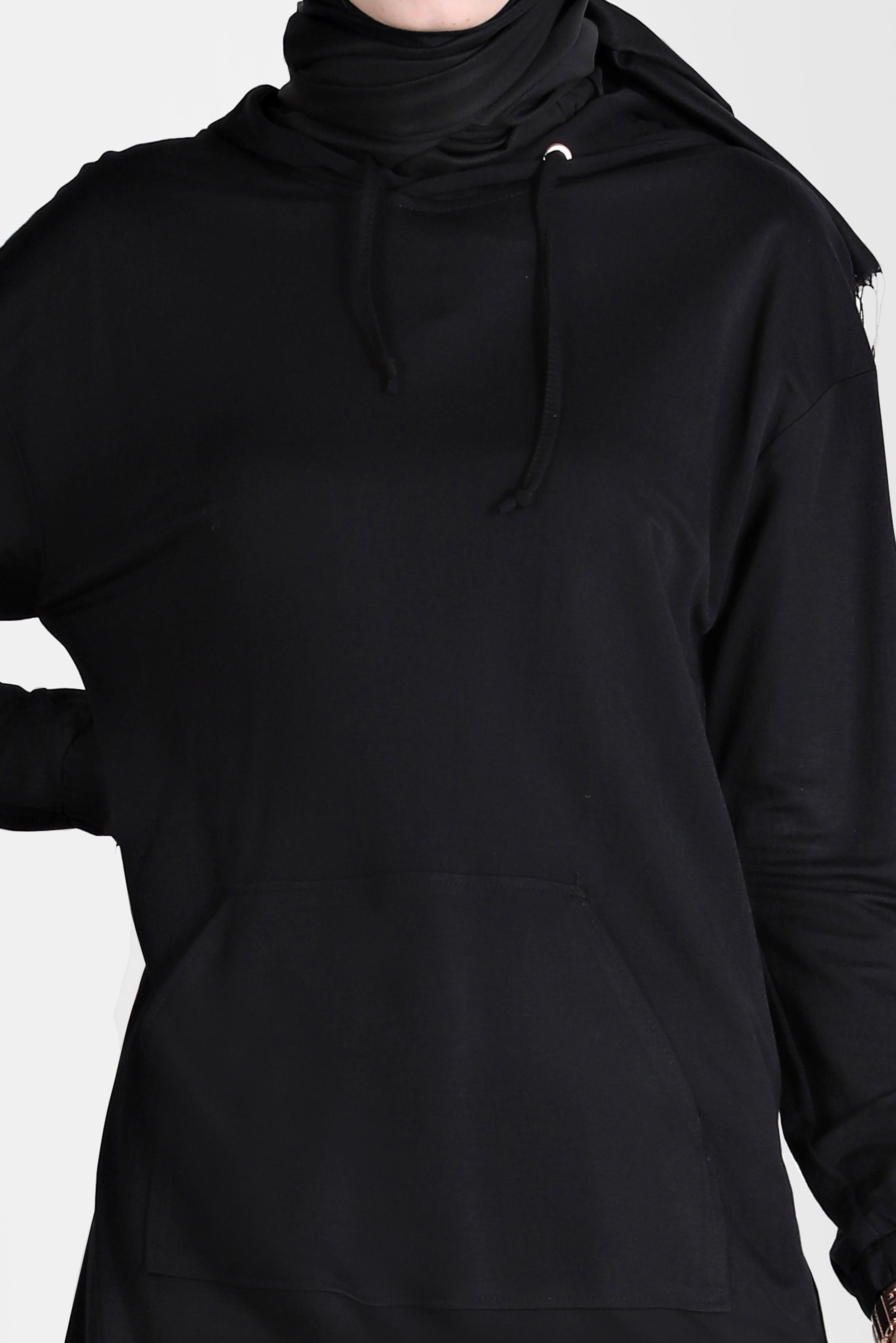 Tesettür giyim SİYAH CEPLİ KAPÜŞONLU TUNİK 42557 