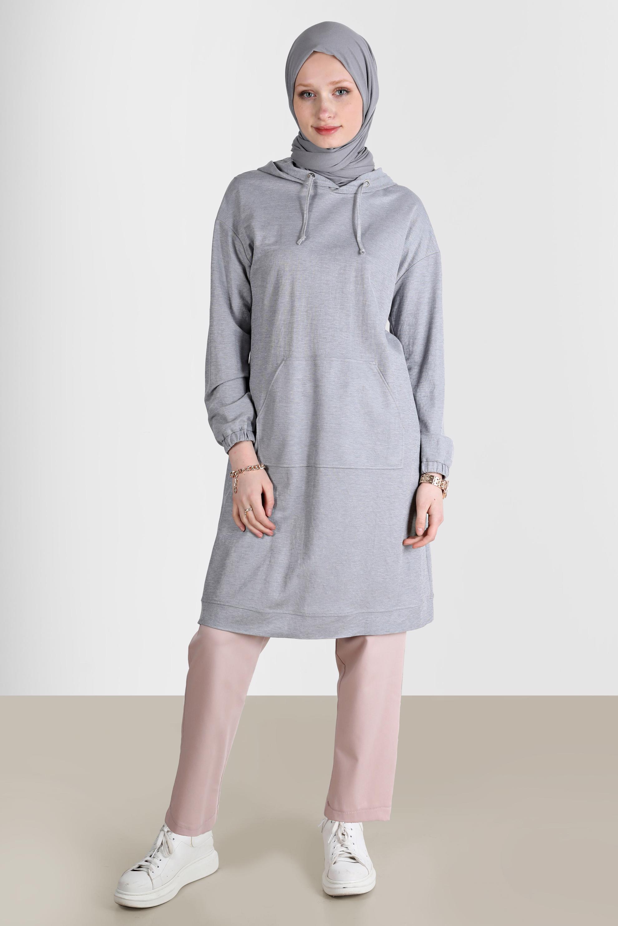 Tesettür giyim GRİ CEPLİ KAPÜŞONLU TUNİK 42557 