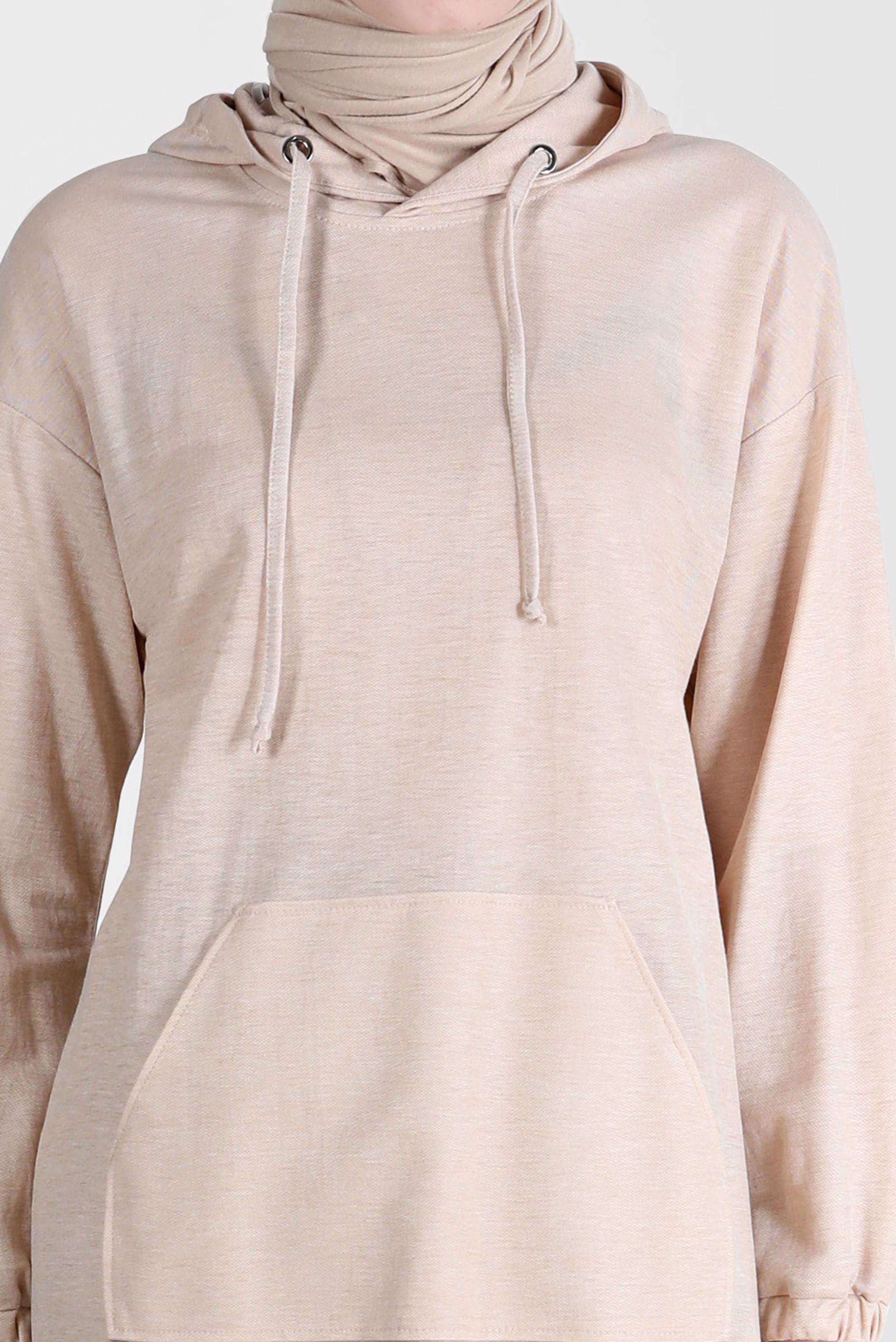 Tesettür giyim BEJ CEPLİ KAPÜŞONLU TUNİK 42557 