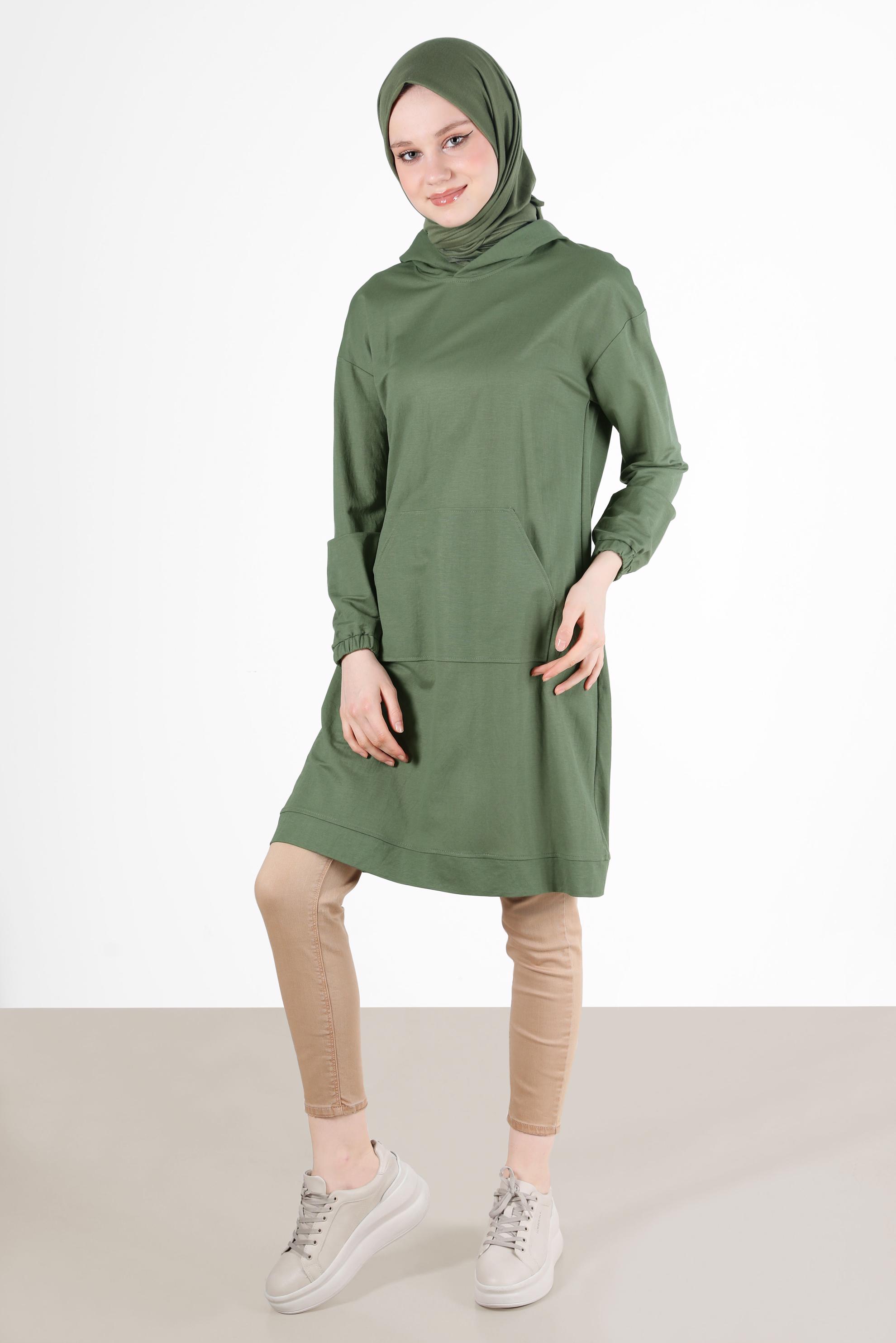 Tesettür giyim HAKİ CEPLİ KAPÜŞONLU TUNİK 42557 