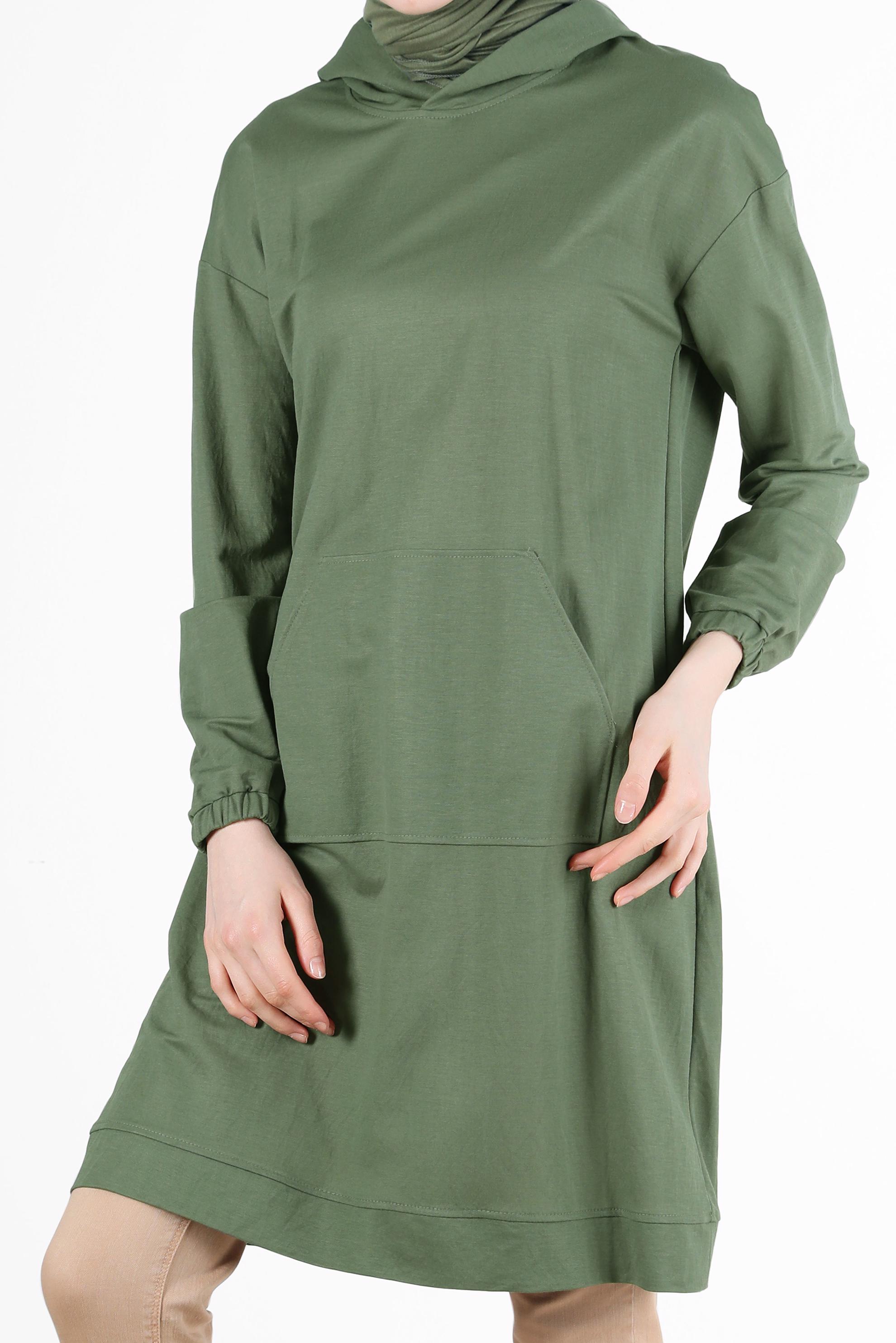 Tesettür giyim HAKİ CEPLİ KAPÜŞONLU TUNİK 42557 