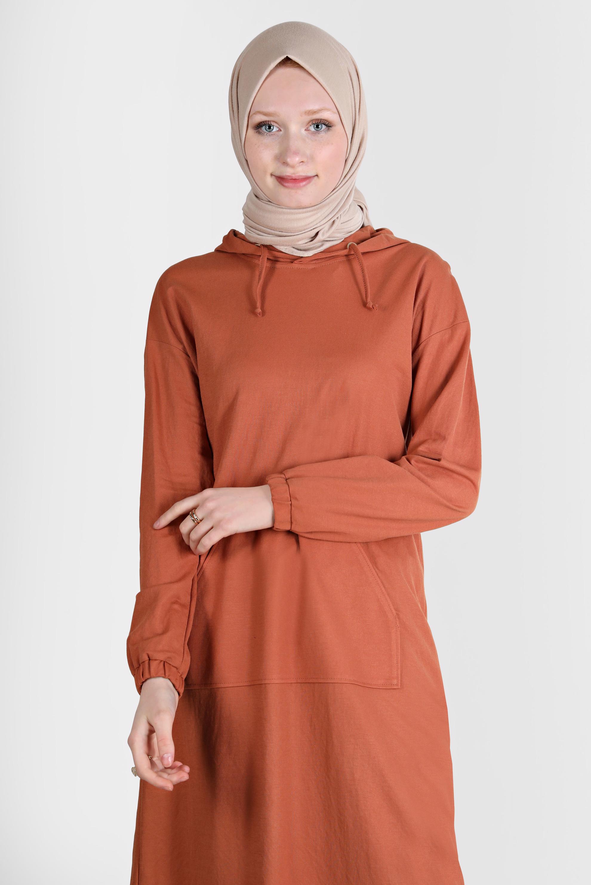 Tesettür giyim TURUNCU CEPLİ KAPÜŞONLU TUNİK 42557 