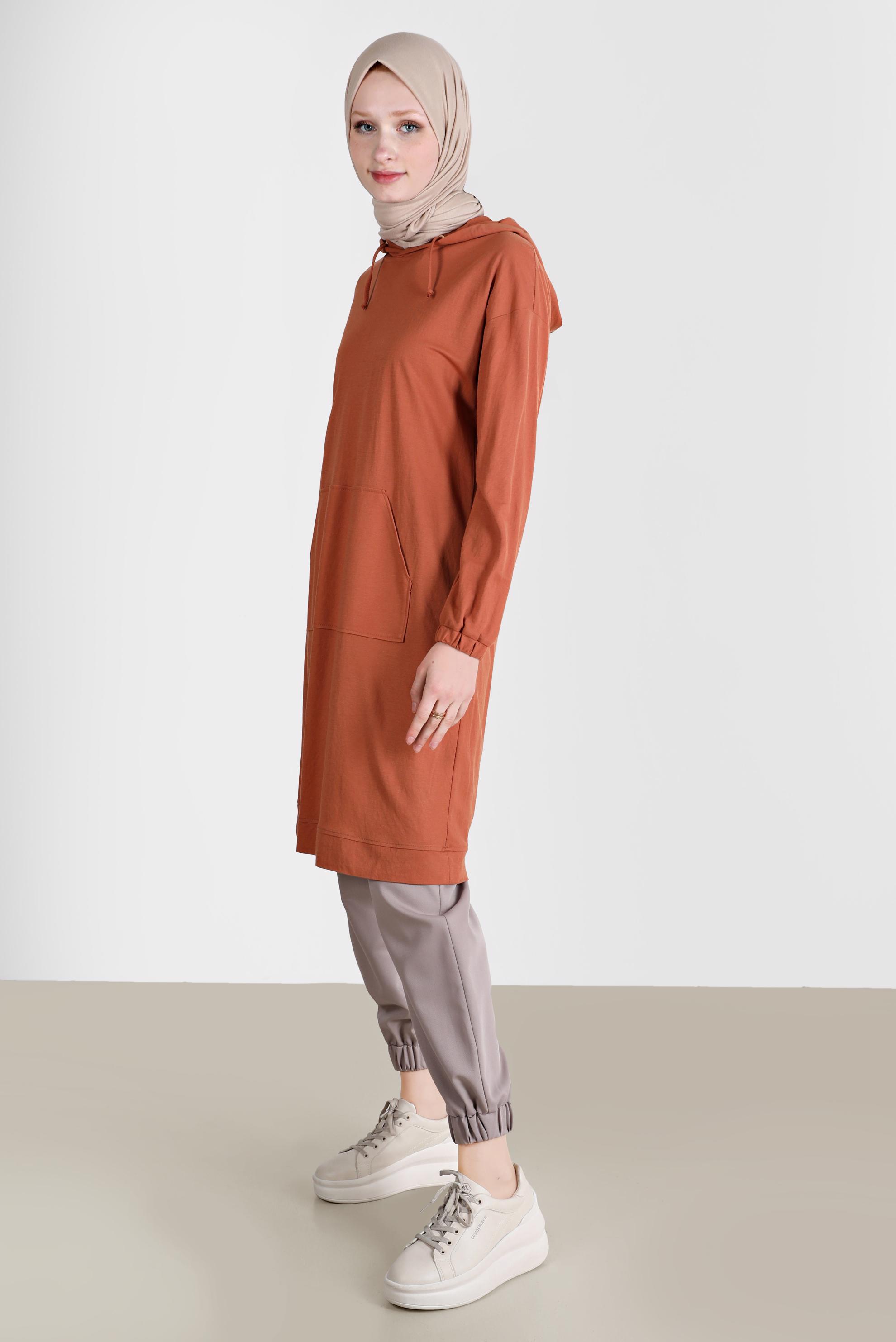 Tesettür giyim TURUNCU CEPLİ KAPÜŞONLU TUNİK 42557 