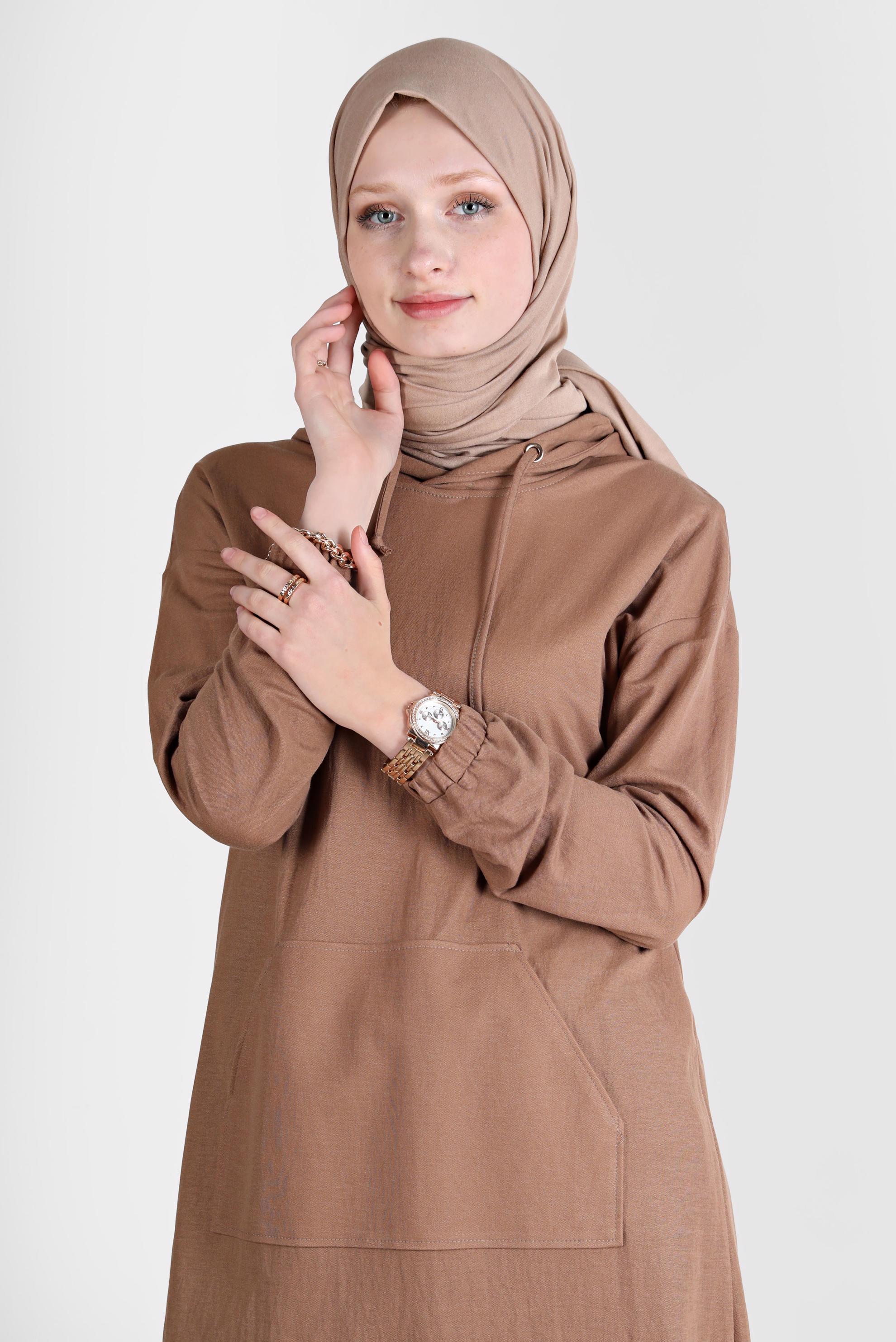 Tesettür giyim KAHVE CEPLİ KAPÜŞONLU TUNİK 42557 