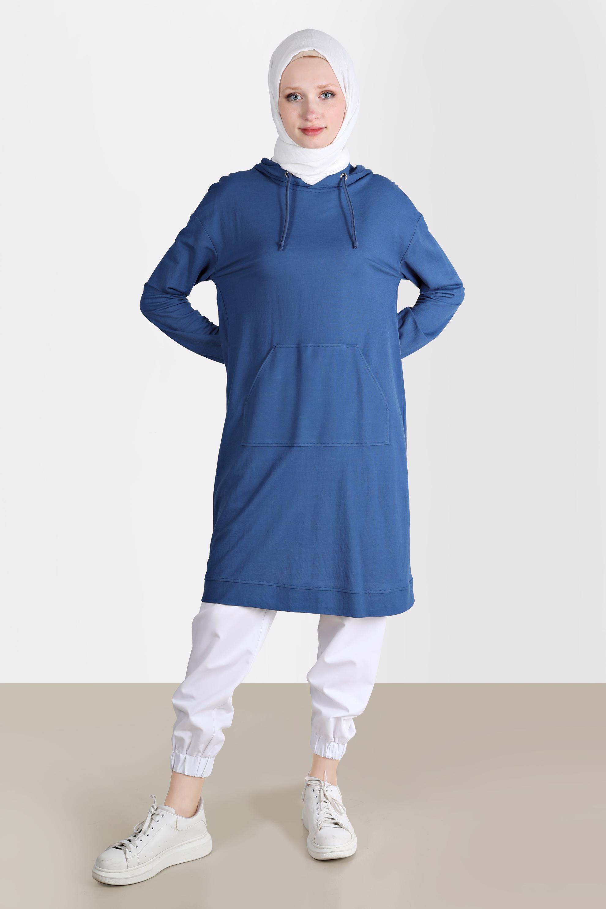 Tesettür giyim LACİVERT CEPLİ KAPÜŞONLU TUNİK 42557 