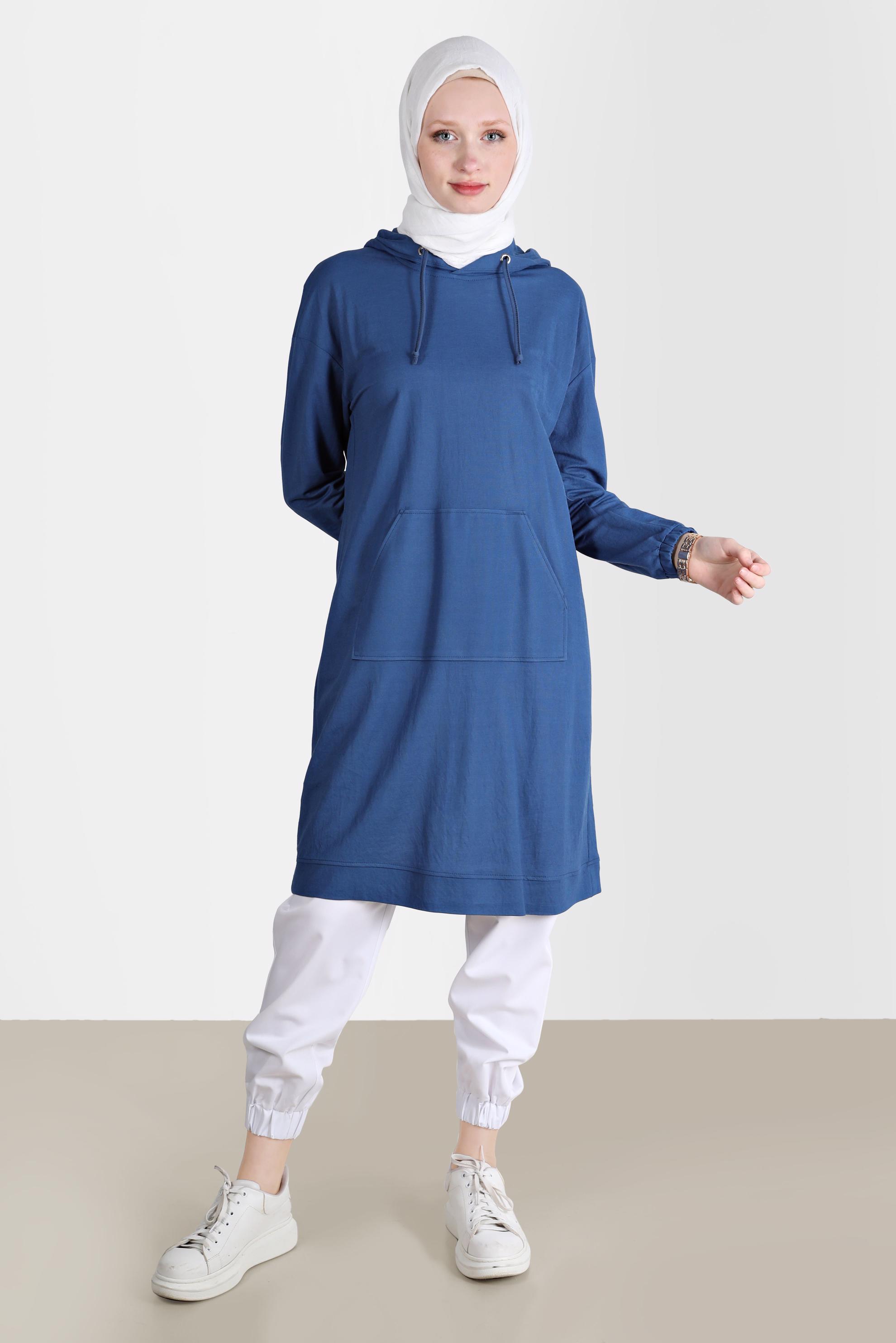 Tesettür giyim LACİVERT CEPLİ KAPÜŞONLU TUNİK 42557 