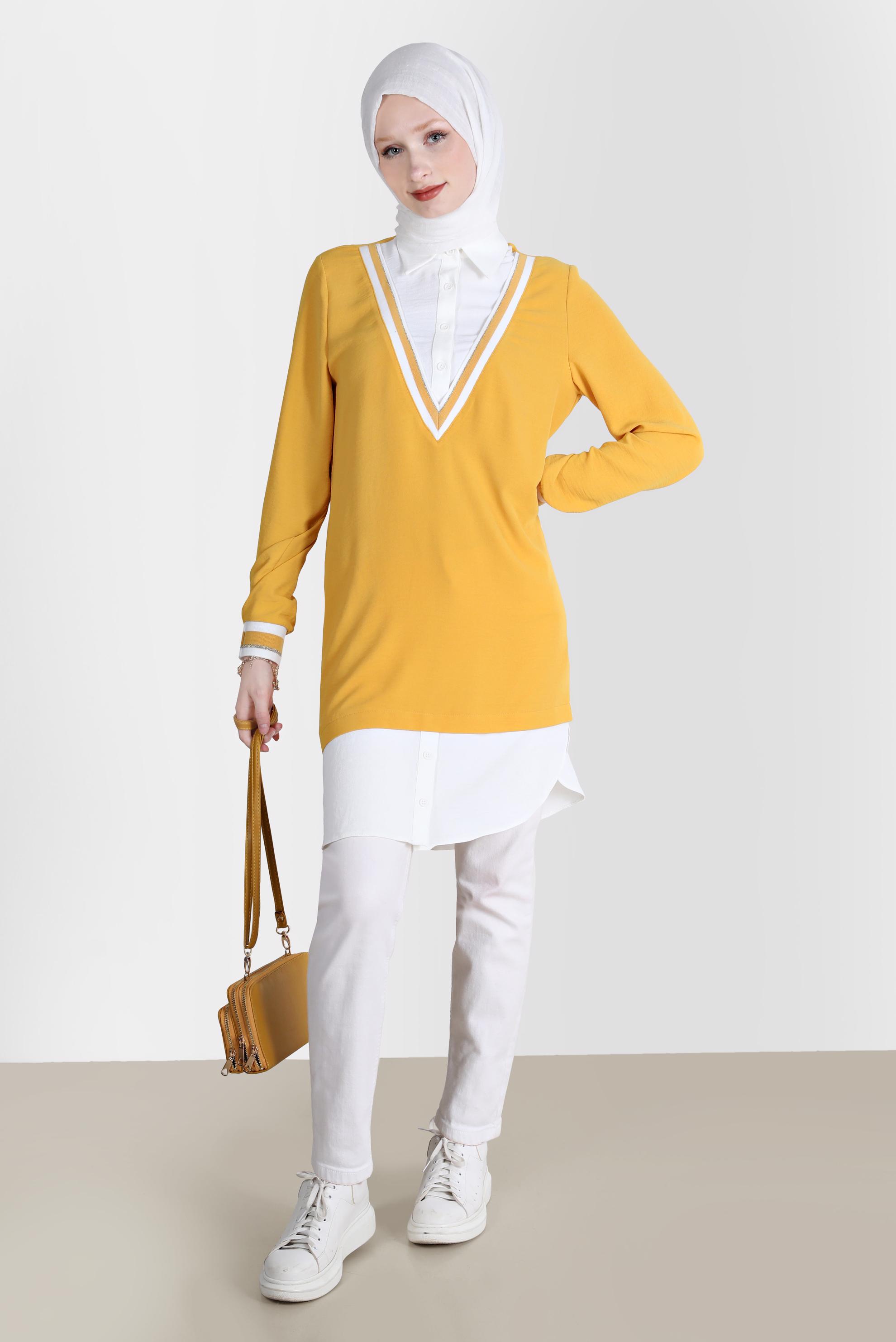 Tesettür giyim SARI V YAKA GÖRÜNÜMLÜ TUNİK 42559 
