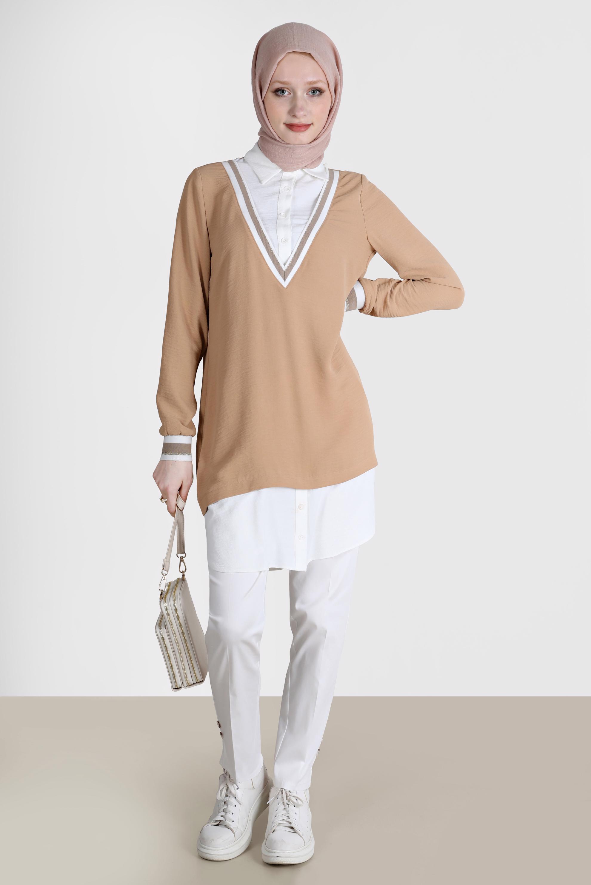 Tesettür giyim KAHVE V YAKA GÖRÜNÜMLÜ TUNİK 42559 