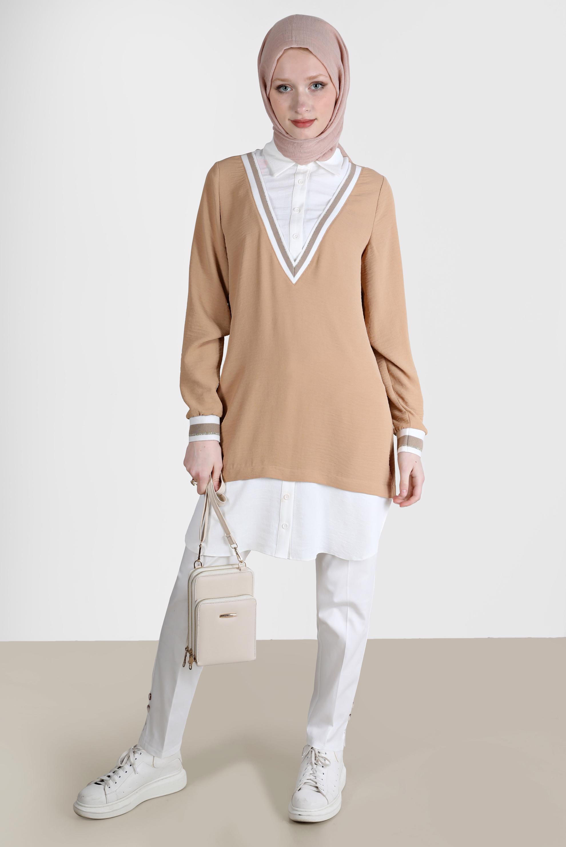 Tesettür giyim KAHVE V YAKA GÖRÜNÜMLÜ TUNİK 42559 
