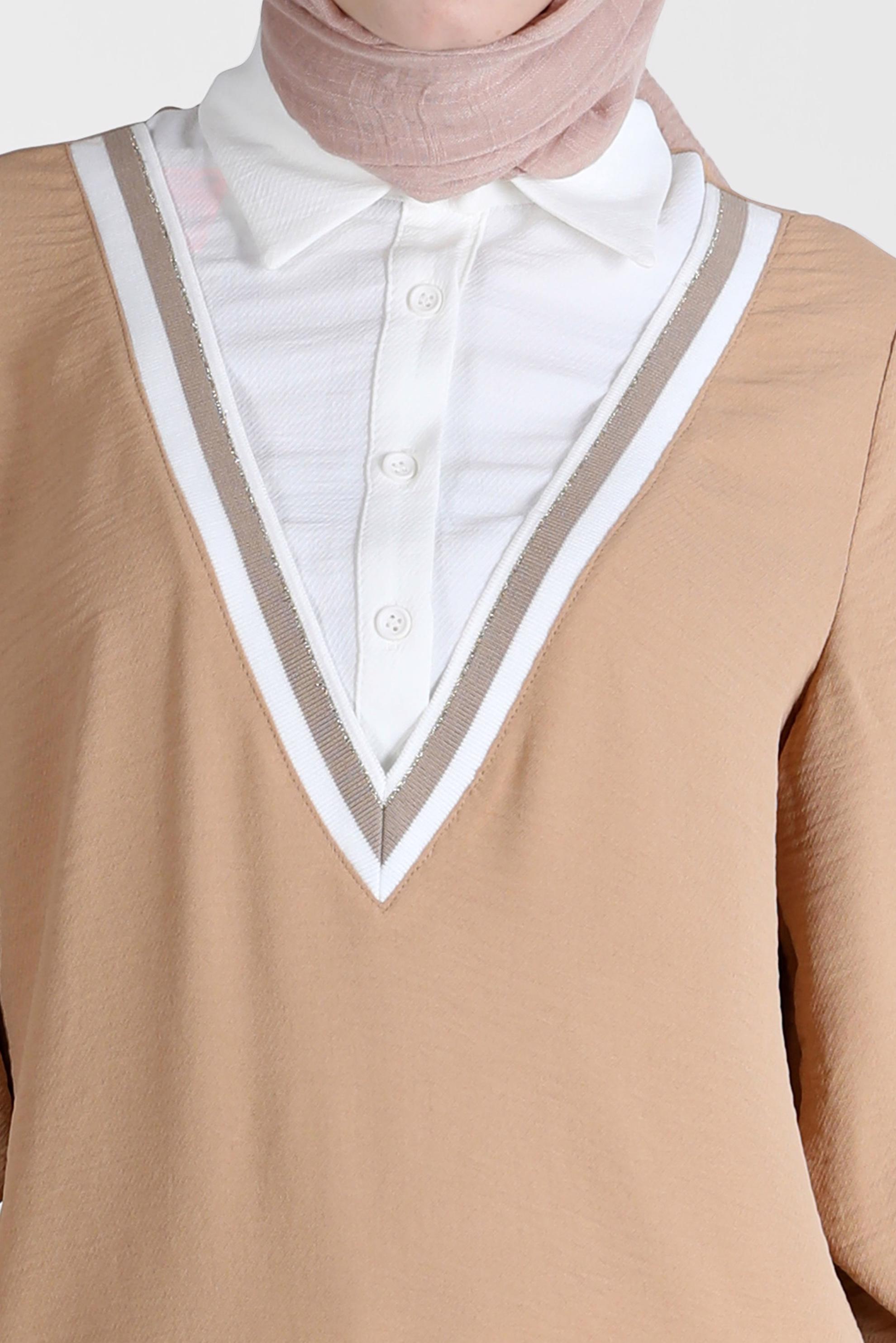 Tesettür giyim KAHVE V YAKA GÖRÜNÜMLÜ TUNİK 42559 