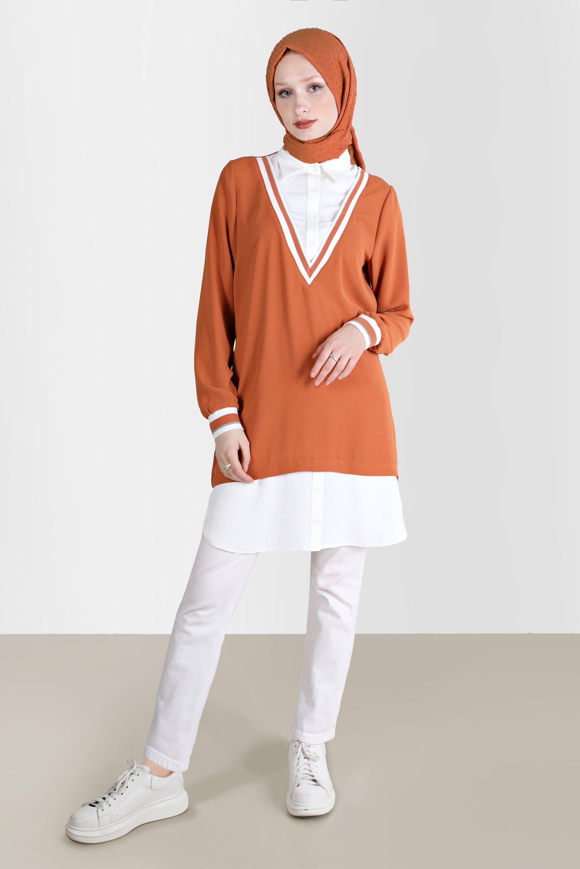 Tesettür giyim TABA V YAKA GÖRÜNÜMLÜ TUNİK 42559 