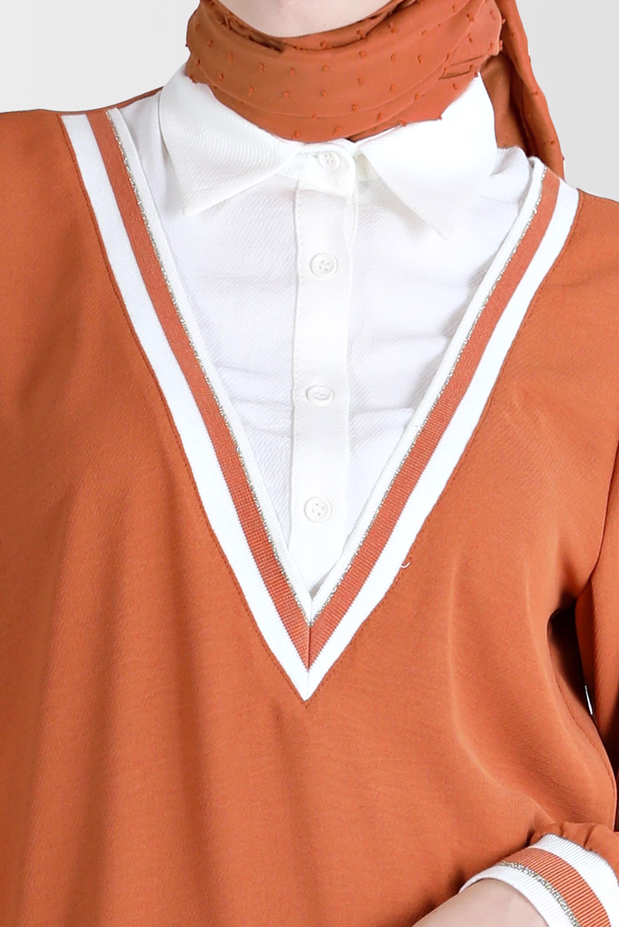 Tesettür giyim TABA V YAKA GÖRÜNÜMLÜ TUNİK 42559 